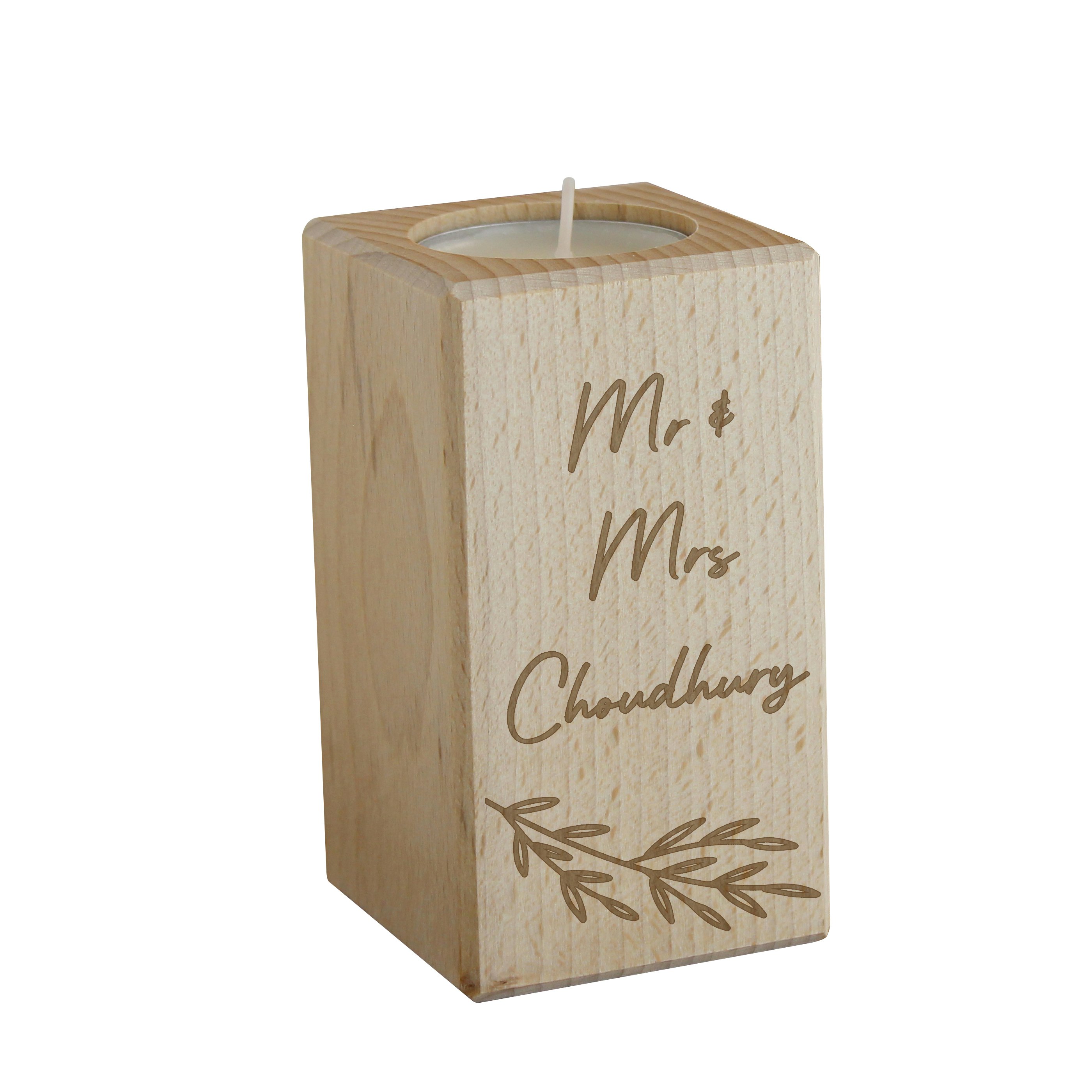 Rackhams Grain Personalised Botanical Wooden Tealight Holder