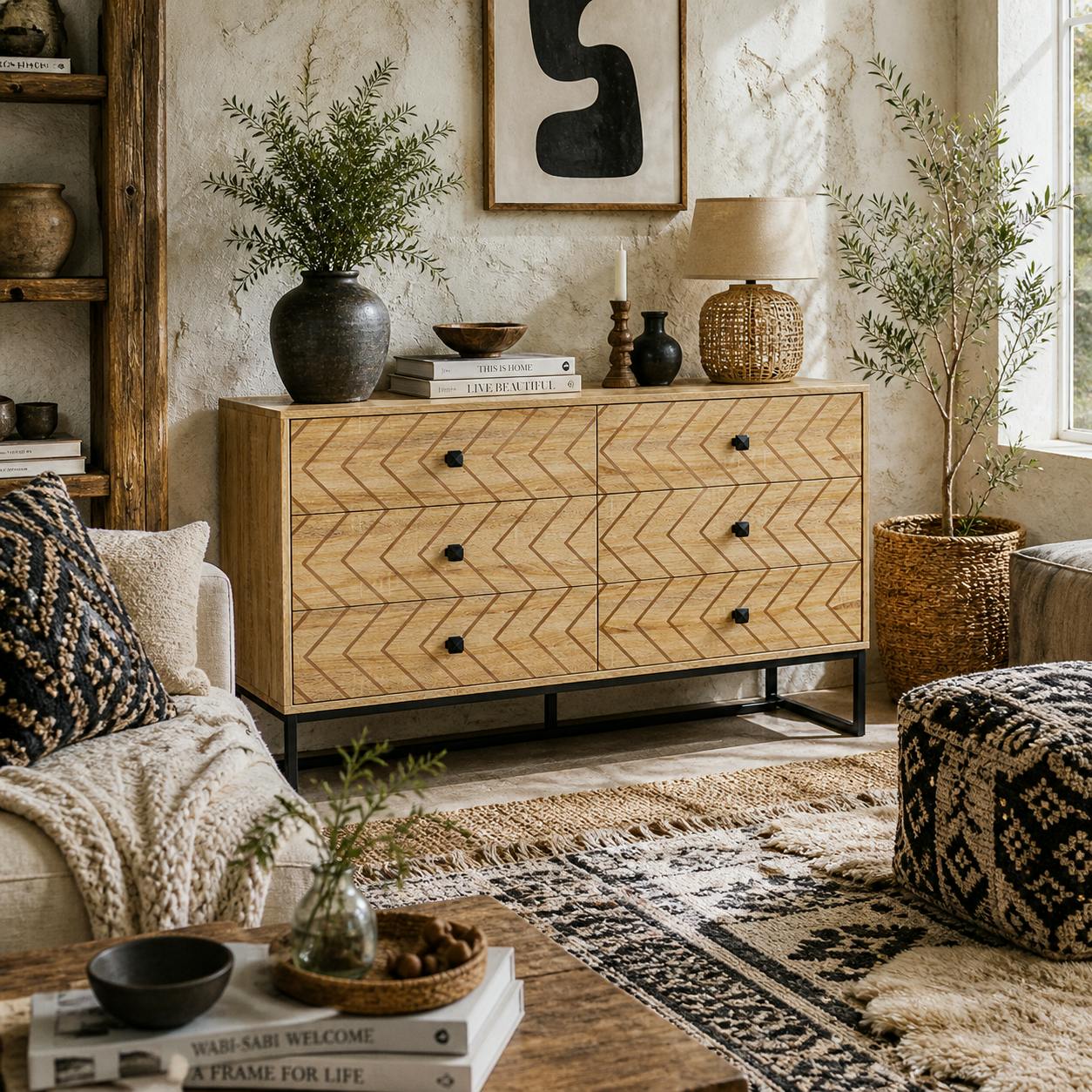 Wyld Haus Black Niel Wooden Natural Chevron 6 Drawer Chest With Zigzag Metal Legs