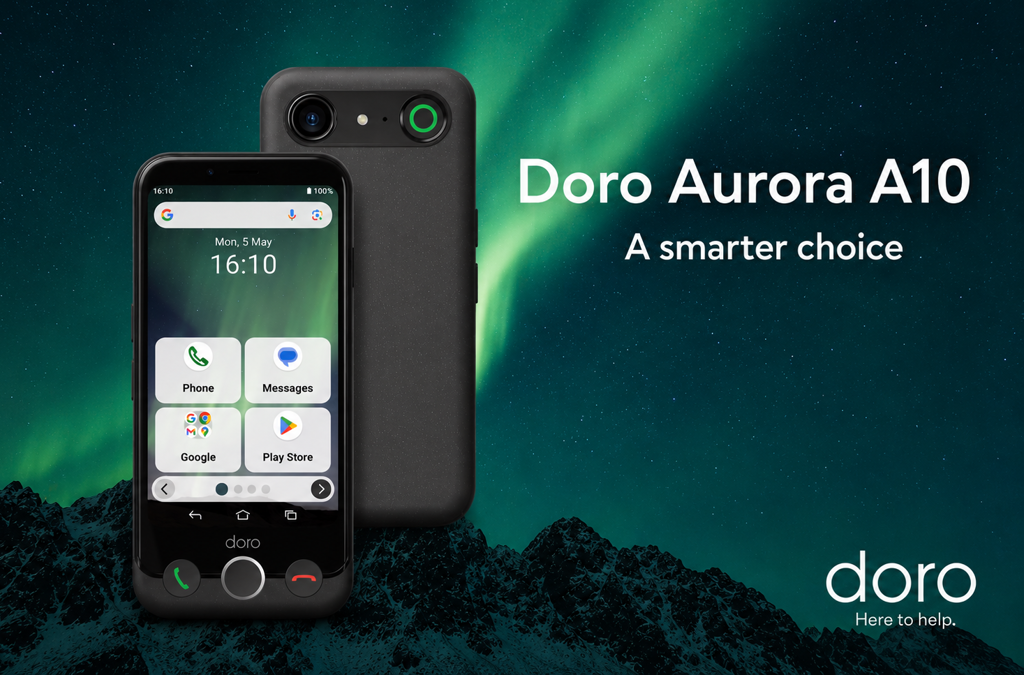 A Doro A10 smartphone shown on top of a Aurora Borealis background.