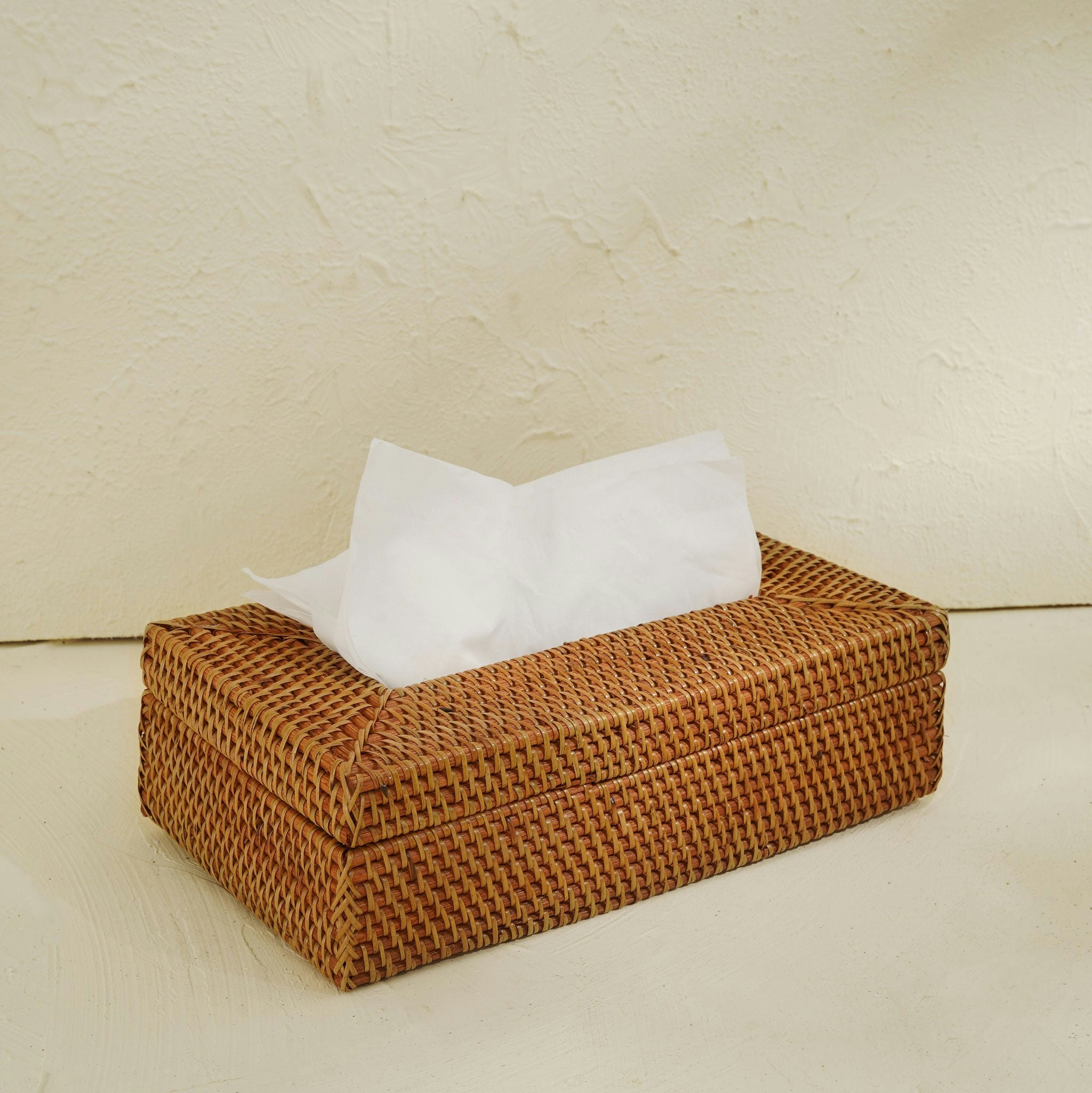 Coastal Villa Homeware Brown Rectangular Tissue Holder - Wicker Rattan Tissue Box Cover - Honey