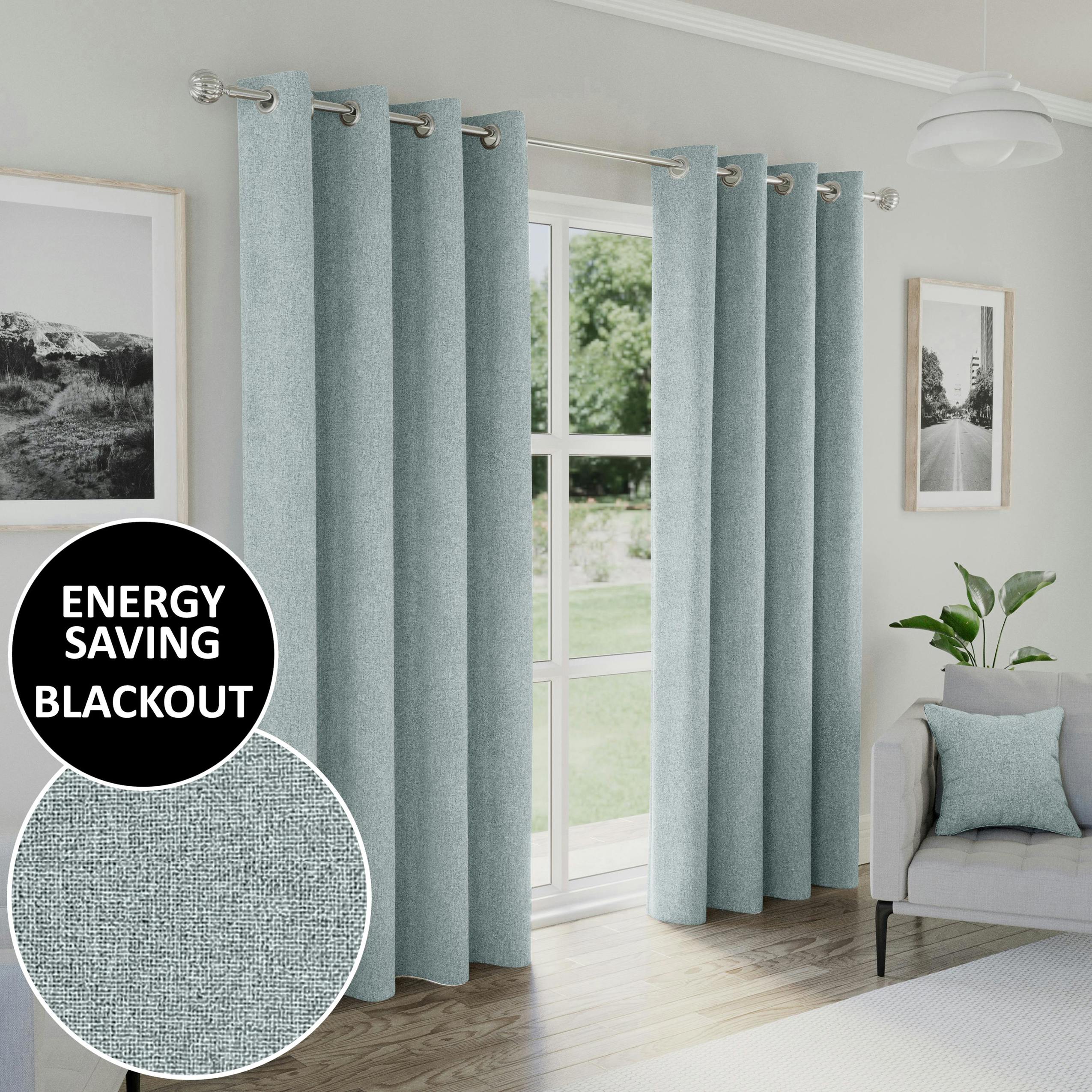Rackhams Blue Textured Basketweave 100% Blackout Curtains - Thermal/Energy Saving Pair With Eyelets For Living Room & Bedrooms - 46" (117Cm) Width X 54" (137Cm) Drop