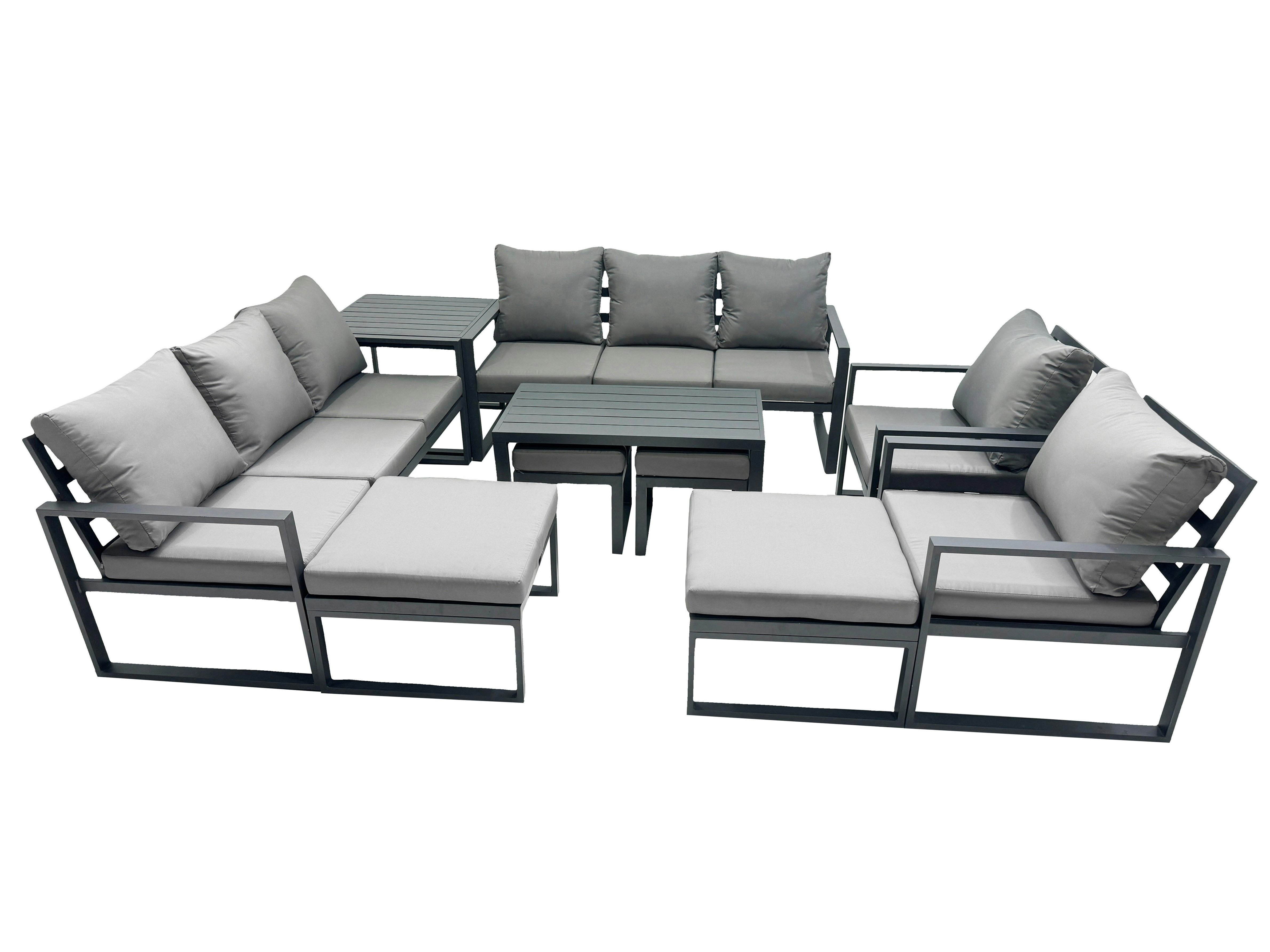 Fimous Dark/Grey Outdoor Garden Furniture Set Aluminium Lounge 3 Seat Sofa Oblong Coffee Table Sets With 2 Chairs 4 Stools Side Table