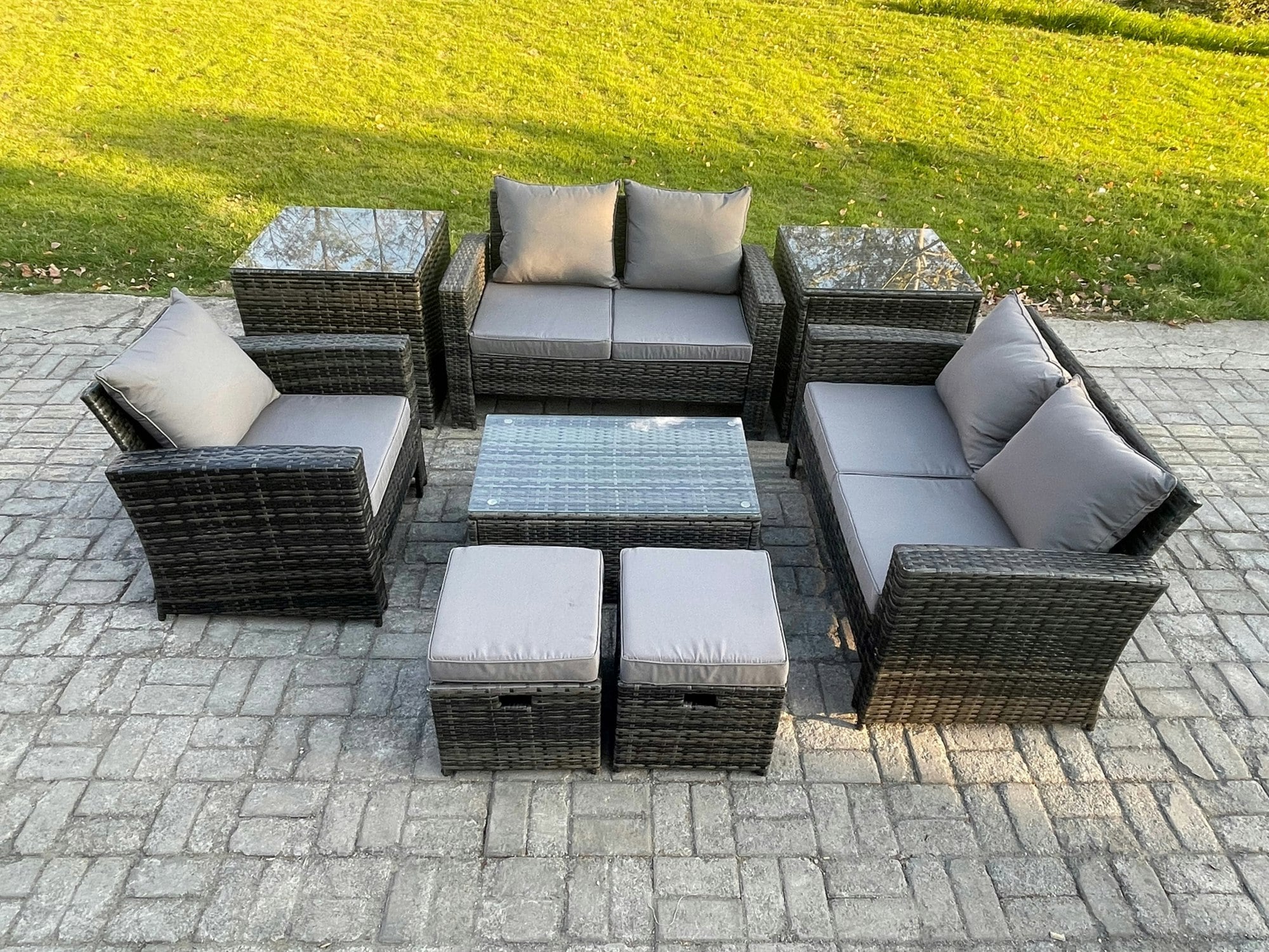 Fimous Dark/Grey 7-Seater Rattan Garden Lounge Set - Mixed Patio Outdoor Sofa & Chair Set With Rectangular Coffee Table & 2 Small Footstools