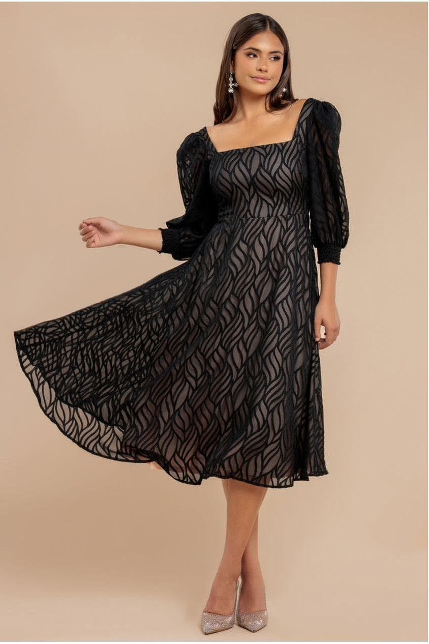 Goddiva Black Puff Sleeve Side Slit Flared Jacquard Chiffon Midi Dress - By - 12