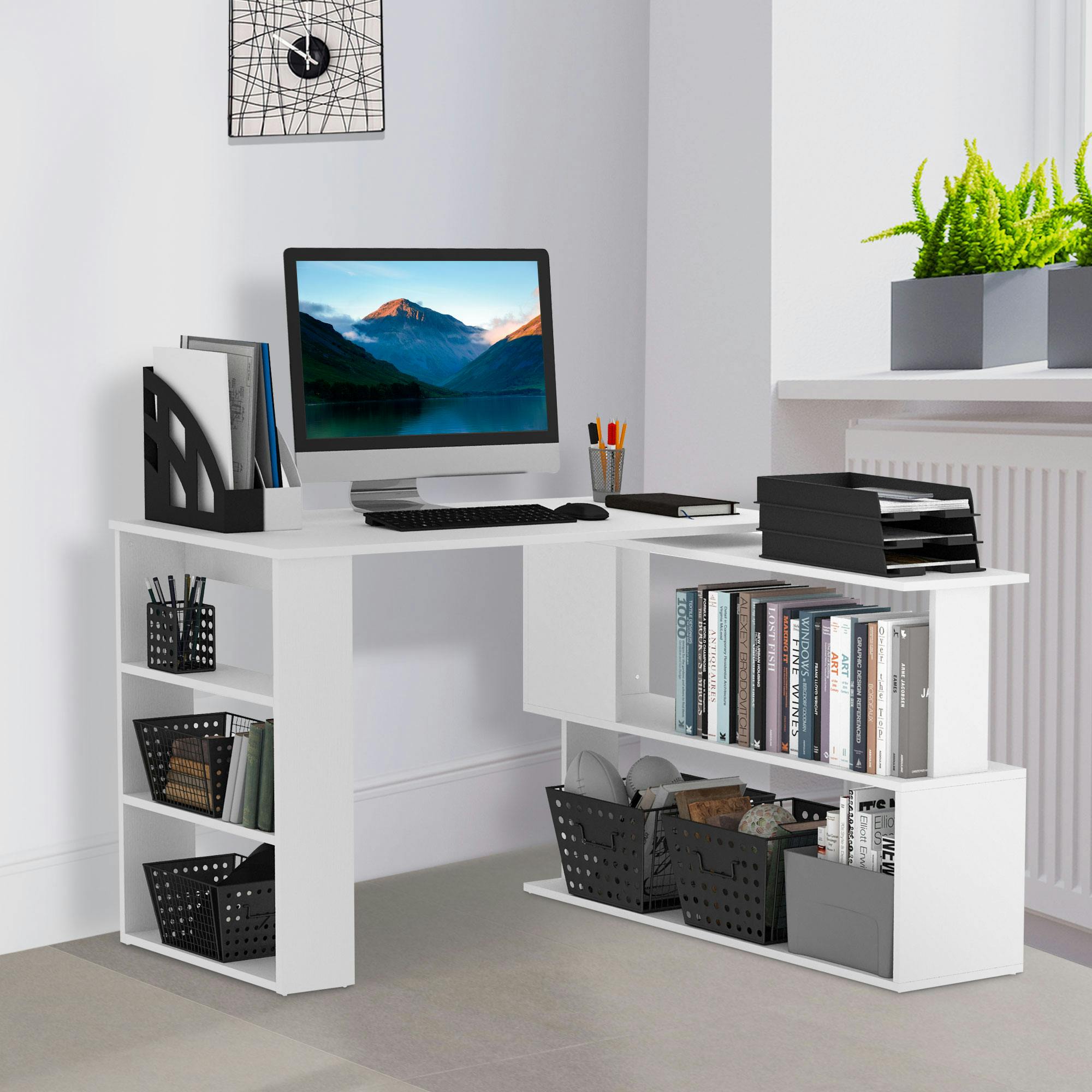 Homcom White Corner Computer Desk With Rotating Design And Bookshelf,