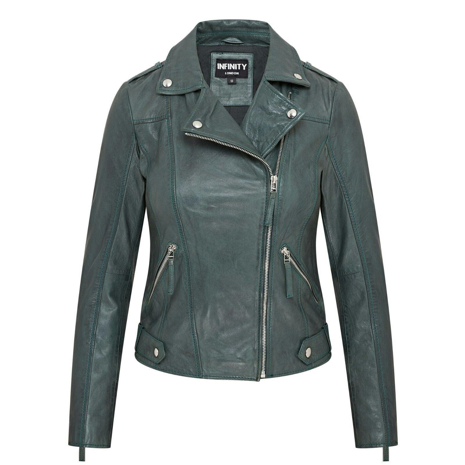 Infinity Leather Women's Green Biker Leather Jacket - Denver - Uk S/10 | Eu 36 | Us 6