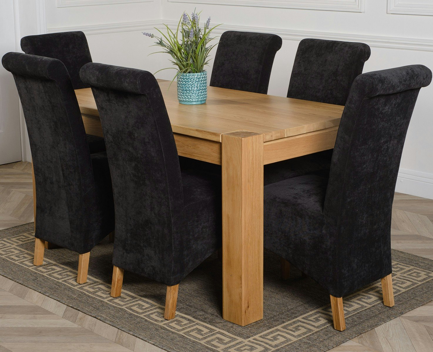That's Furniture Black Kuba Medium Oak Dining Table With Montana Fabric Chairs - 6 Chairs