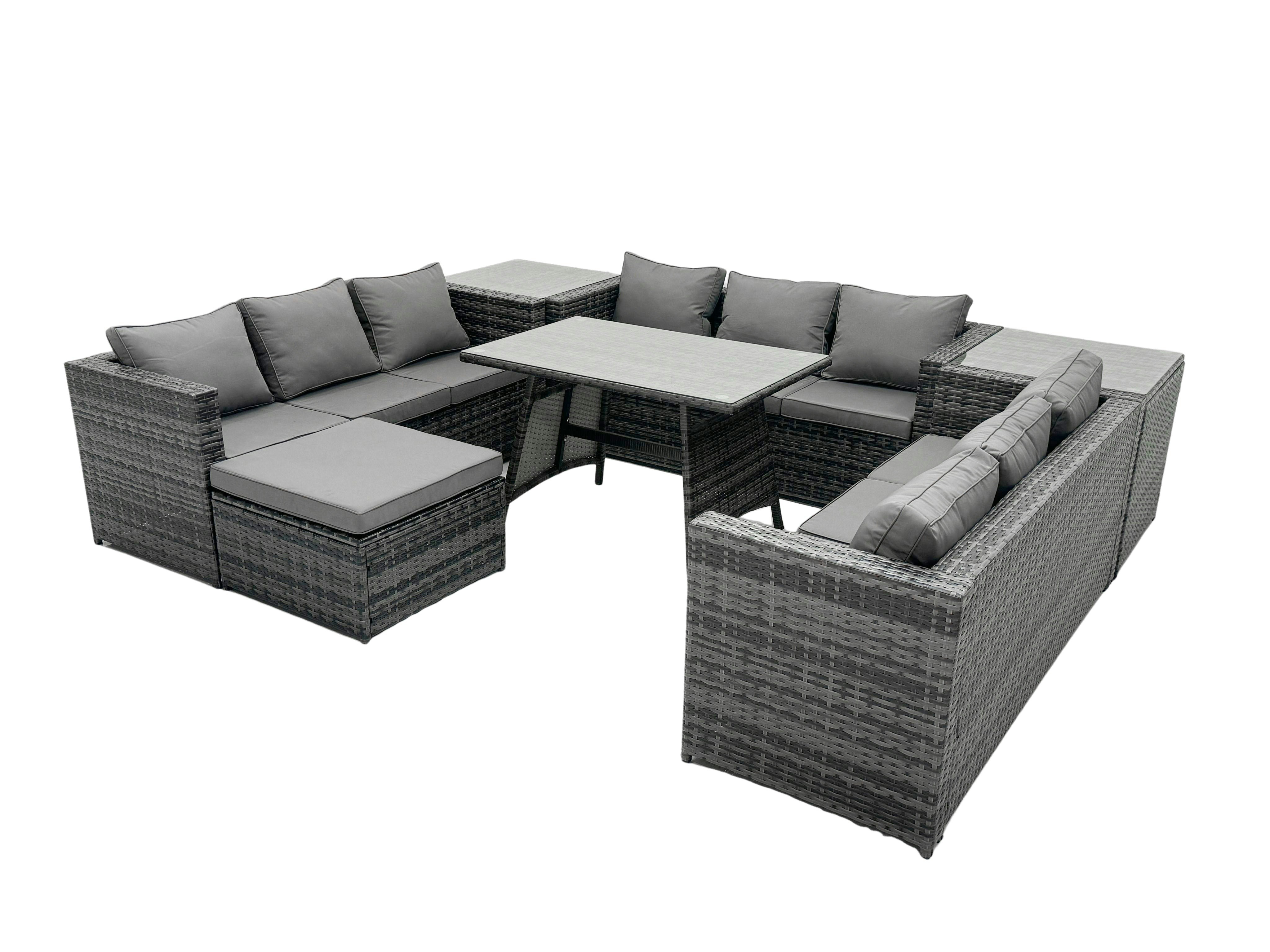 Fimous Dark/Grey 10 Seater U Shape Rattan Sofa Set Outdoor Garden Furniture Patio Dining Table Mixed