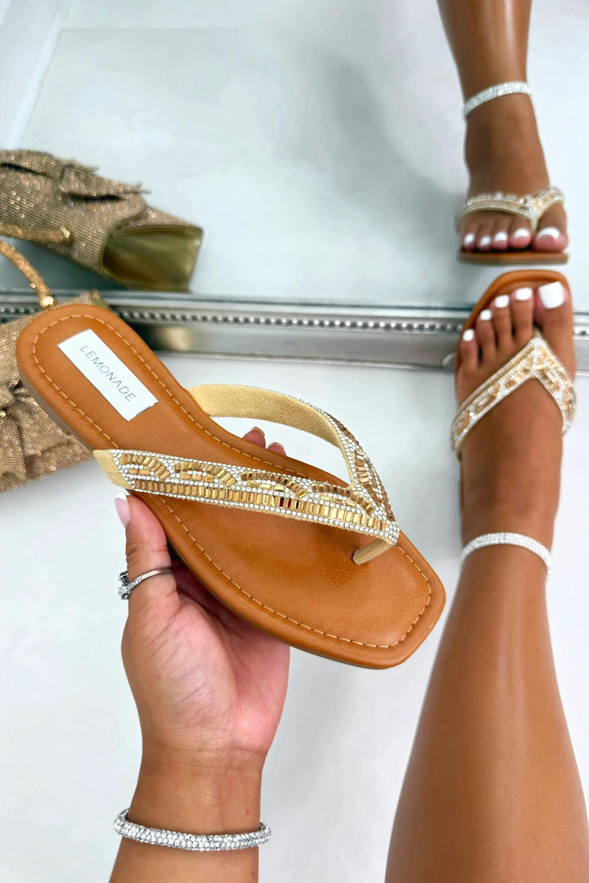 Love Lemonade Women's Gold Crystal Cove Flip Flops - Uk 3 - Eu 36 - Us 5