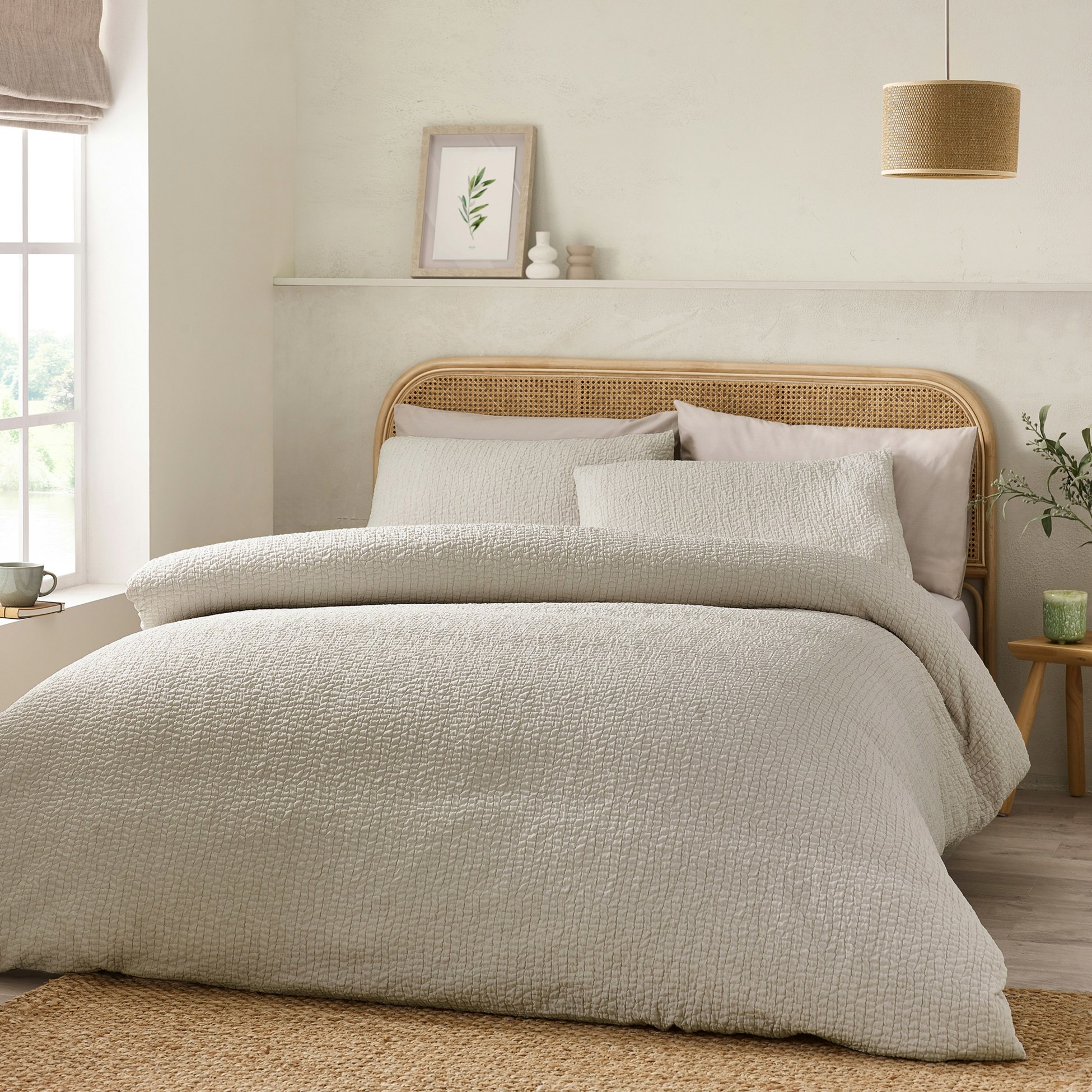Catherine Lansfield Crinkle Seersucker Duvet Cover Set Natural - Double - Natural