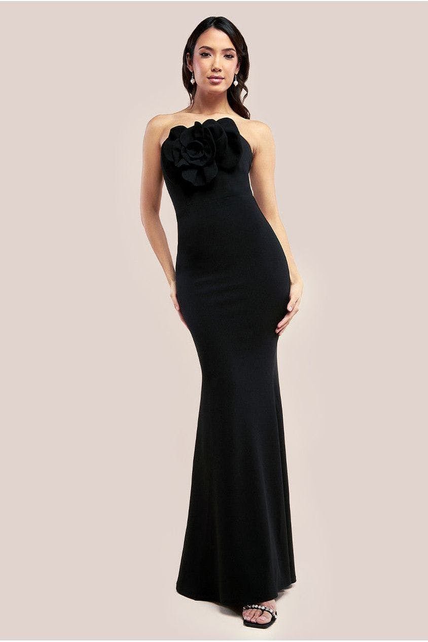 Goddiva Black Scuba Crepe Bandeau Rose Maxi Dress - By - 16