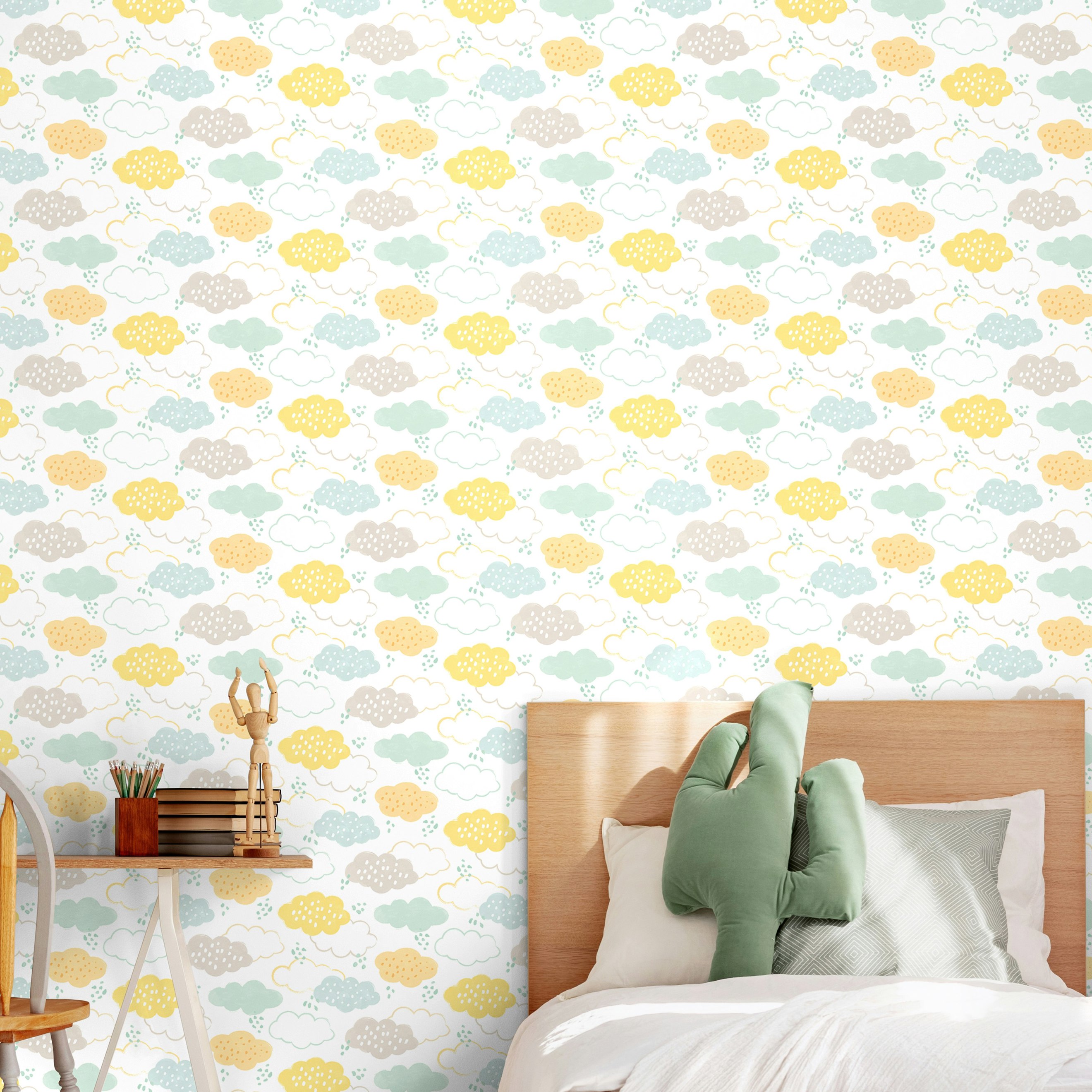 Hoopla Walls Light Fluffy Clouds - Lemon Fizz 10M Wallpaper - Lemon Fizz
