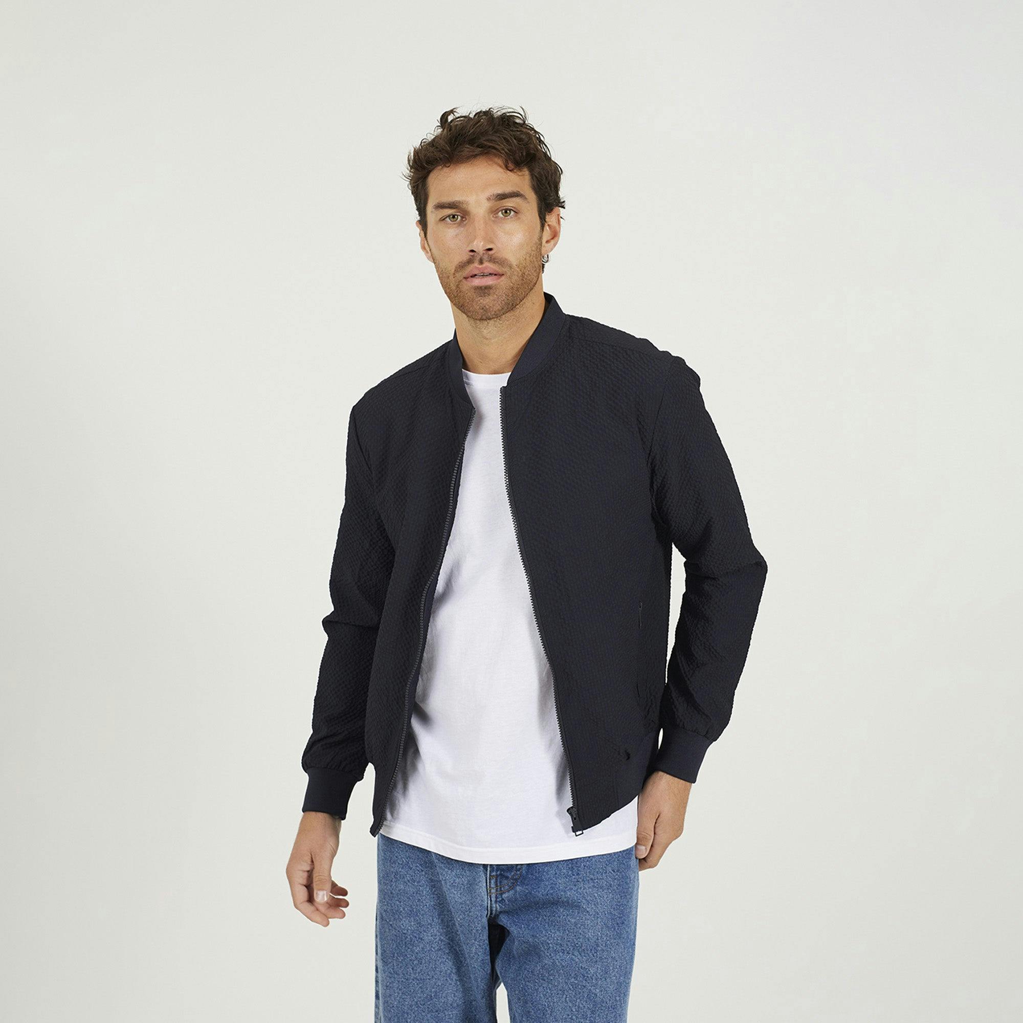 Brave Soul Seersucker Bomber Jacket - Navy - Navy - L