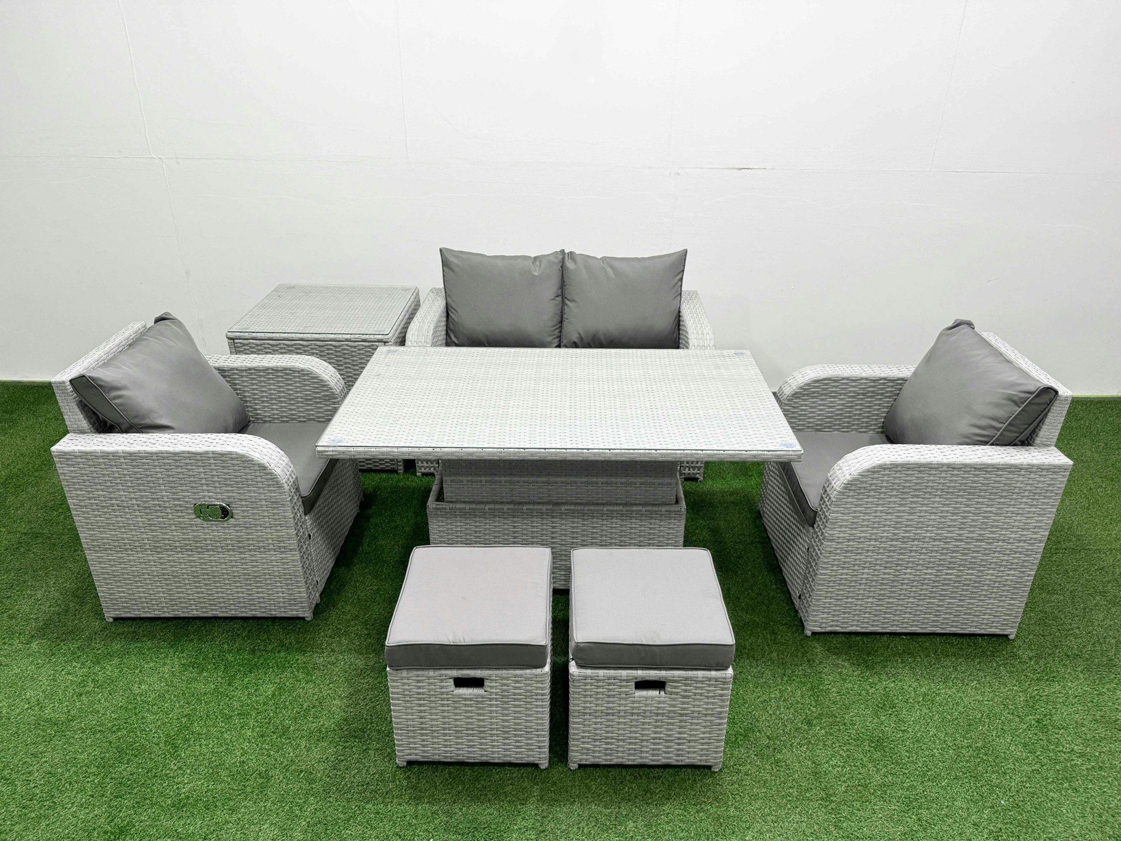 Fimous Light/Grey 6-Seater Pe Rattan Sofa Set | Outdoor/Indoor Reclining Chair, Adjustable Coffee/Dining Table, 2 Footstools, Side Table