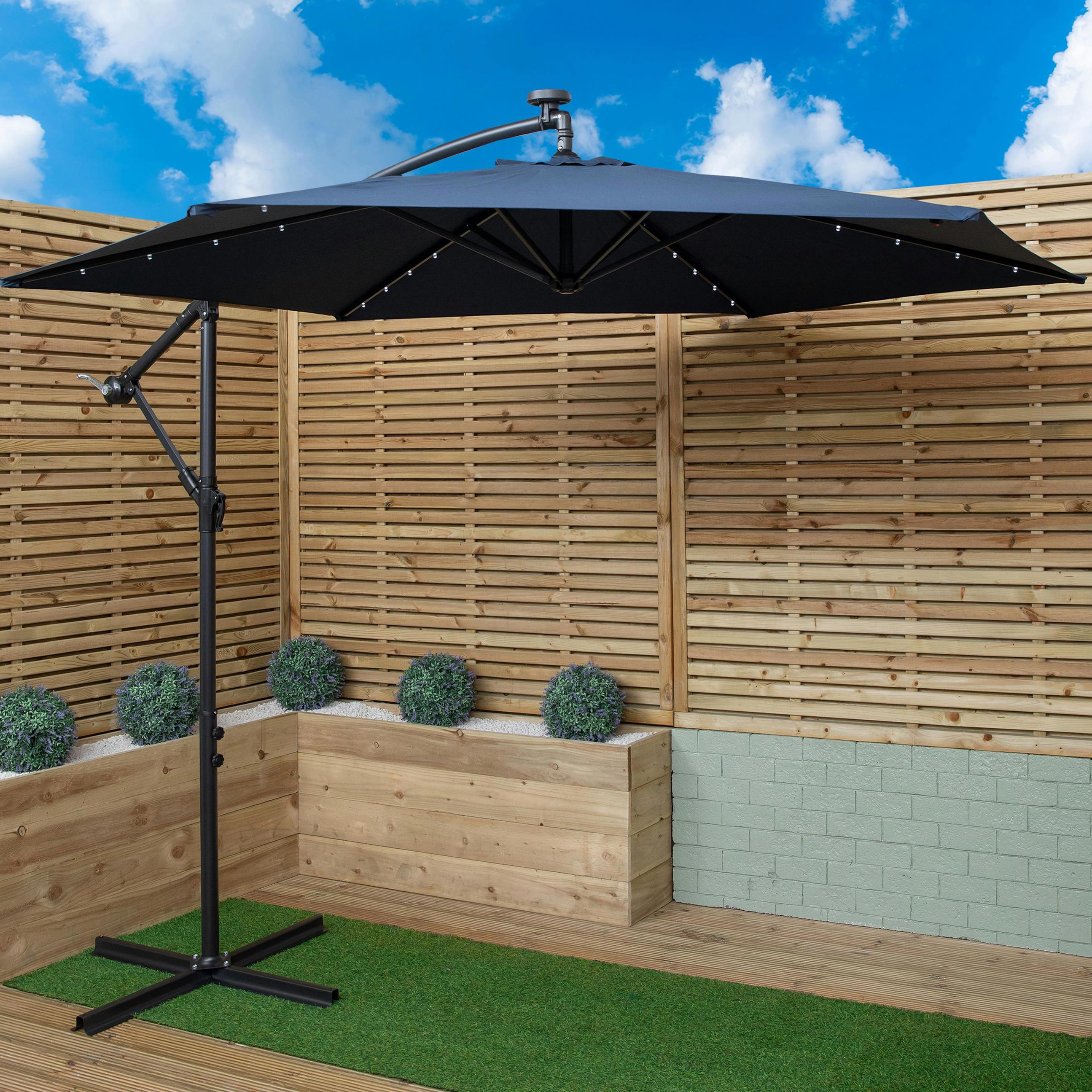 Rackhams White/Blue 3M Solar Powered Cantilever Lit Banana Garden Parasol With Crank Handle & Led Lights In
