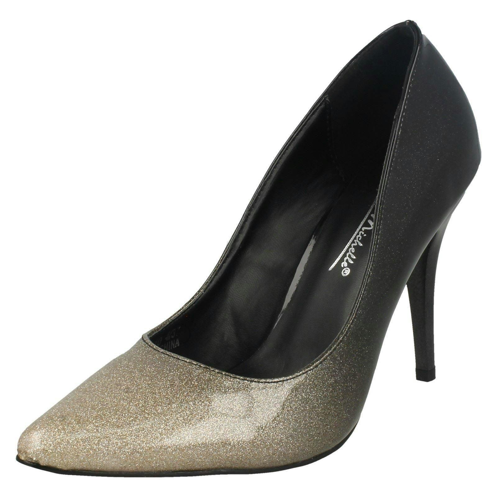 Anne Michelle Women's Black/Gold High Heel Pointed Toe Court Shoes - Uk 4