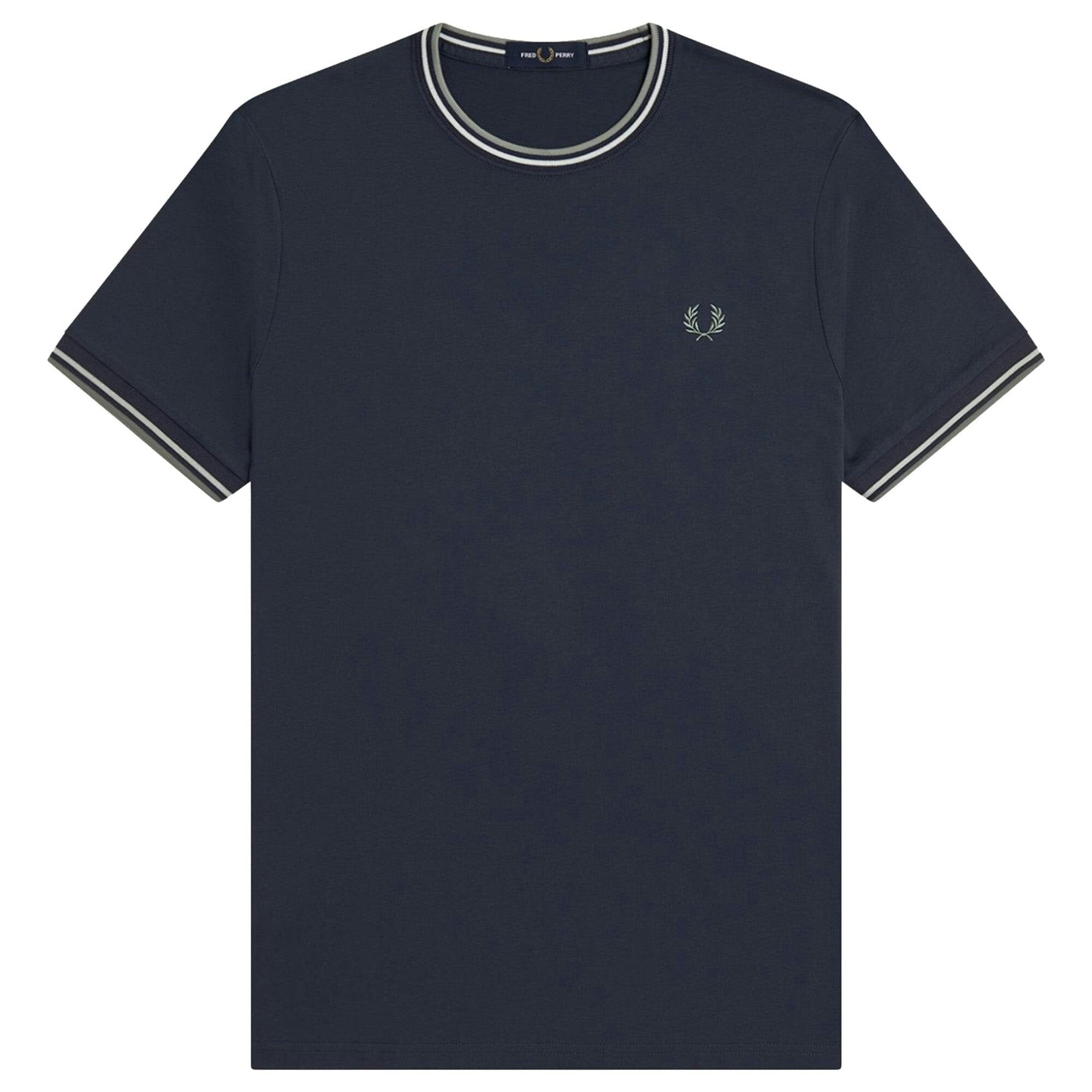 Fred Perry Bleu Contrast Trim Double Stripe T-Shirt - Image 3