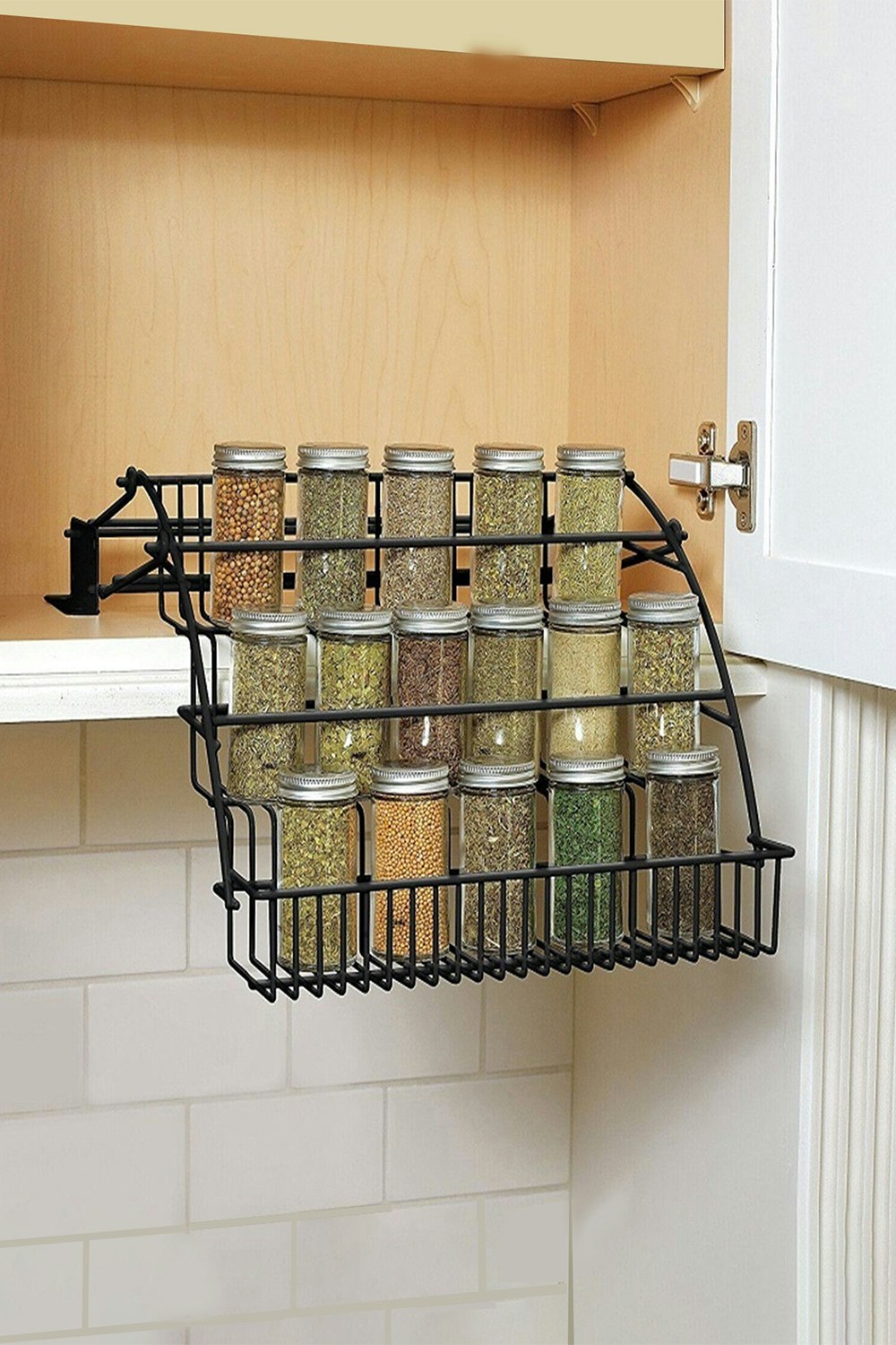 Rackhams Black 3 Tier Kitchen Pull Down Spice Rack Storage Shelf Expandable Organizer