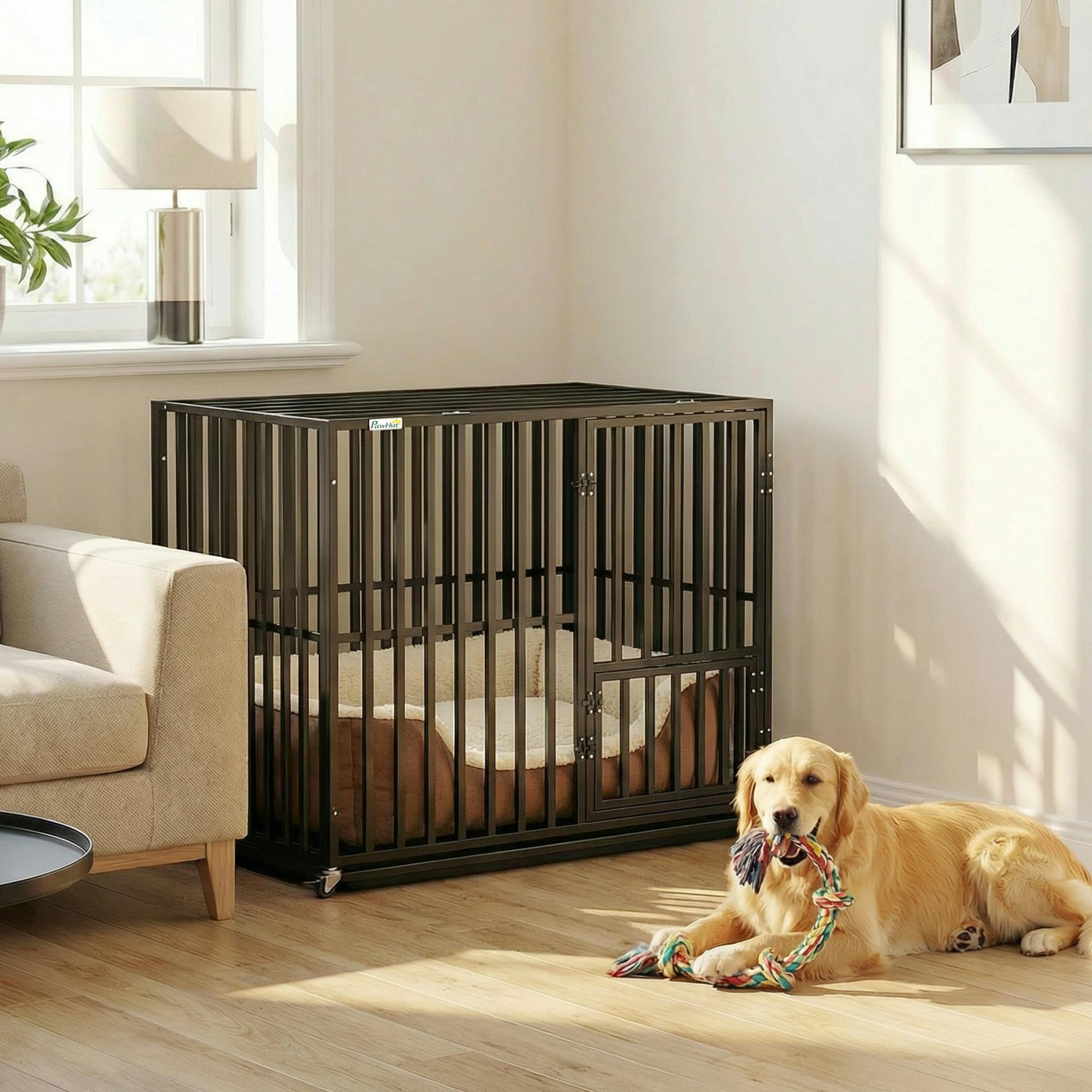 Pawhut Black Heavy Duty Dog Crate, Dog Cage With Wheels For Small Medium Breeds - Heavy Duty Dog Crate - 95 X 57 X 81 Cm