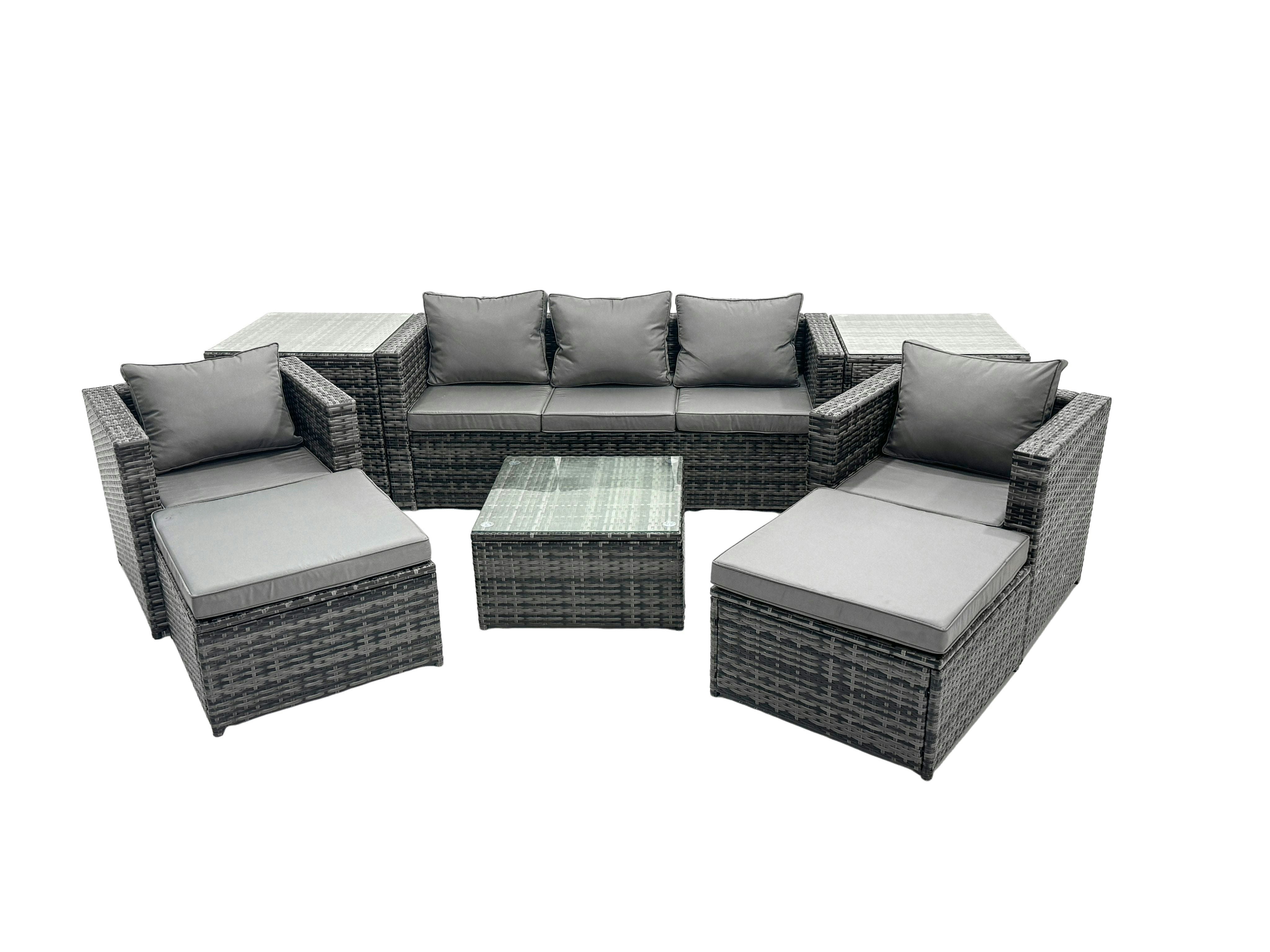 Fimous Dark/Grey Outdoor Rattan Garden Furniture Set 7 Seater Patio Lounge Sofa With Armchair Square Coffee Table 2 Side Tables 2 Big Footstool Mixed