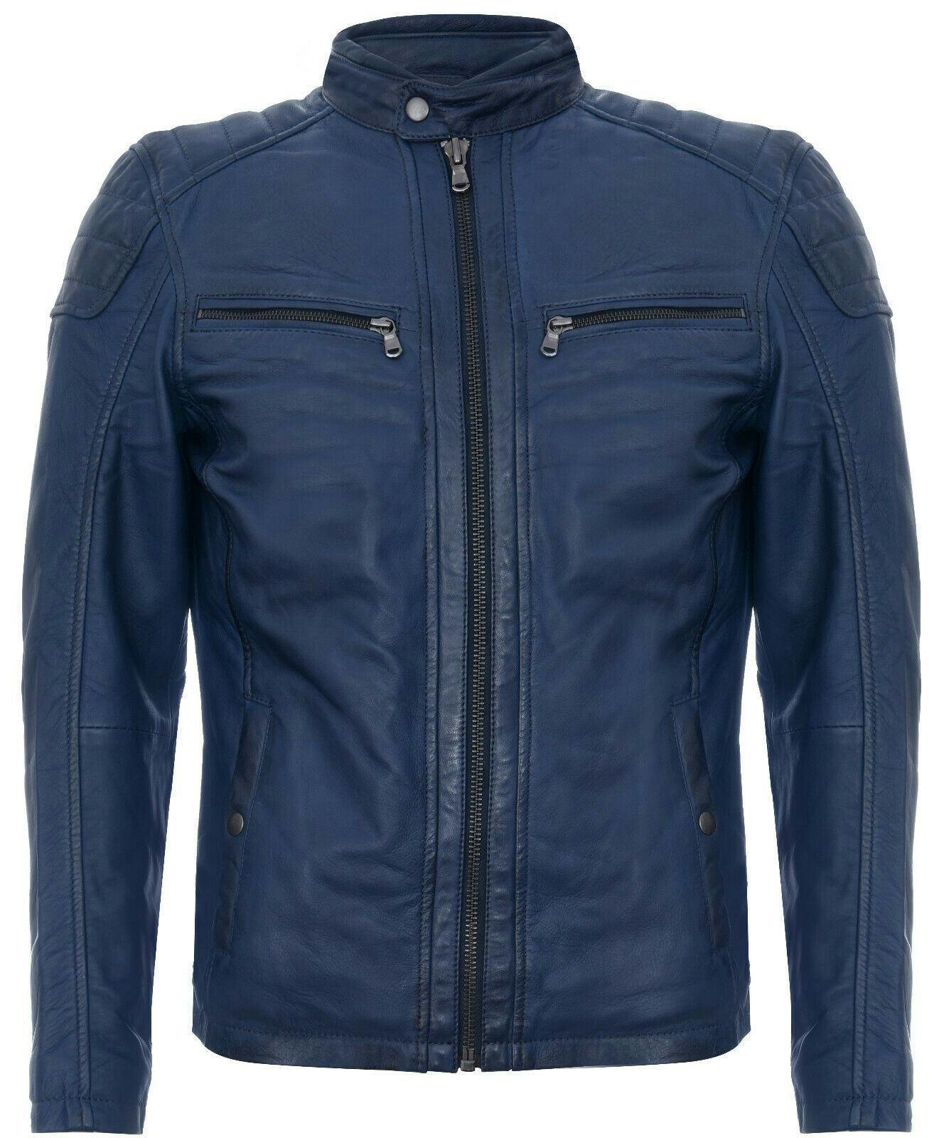 Infinity Leather Men's Leather Jacket Vintage Quilted Retro Racing Zipped Biker - San Marino - Navy - Uk Xs | Eu 44 | Us 34