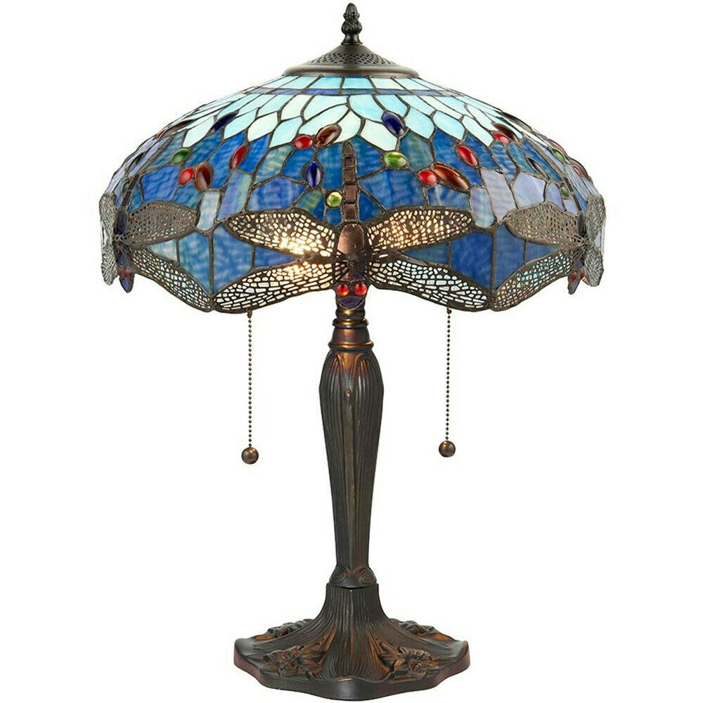 Loops Light/Dark/Bronze Tiffany Glass Table Lamp Base & Blue Dragonfly Shade I00192 Medium