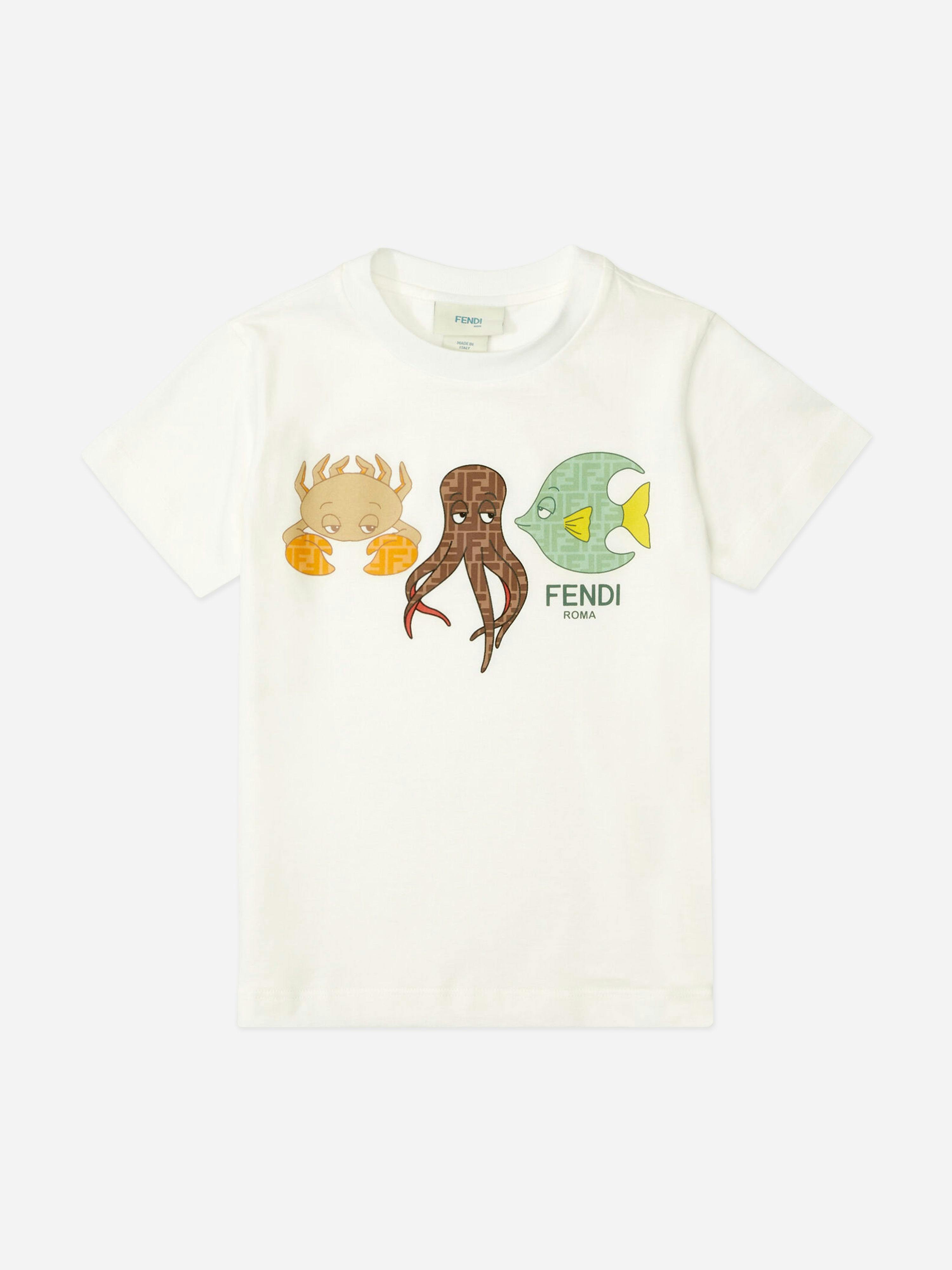 Fendi Kids Boys White Fendi Marine Life T-Shirt In - 10 Yrs