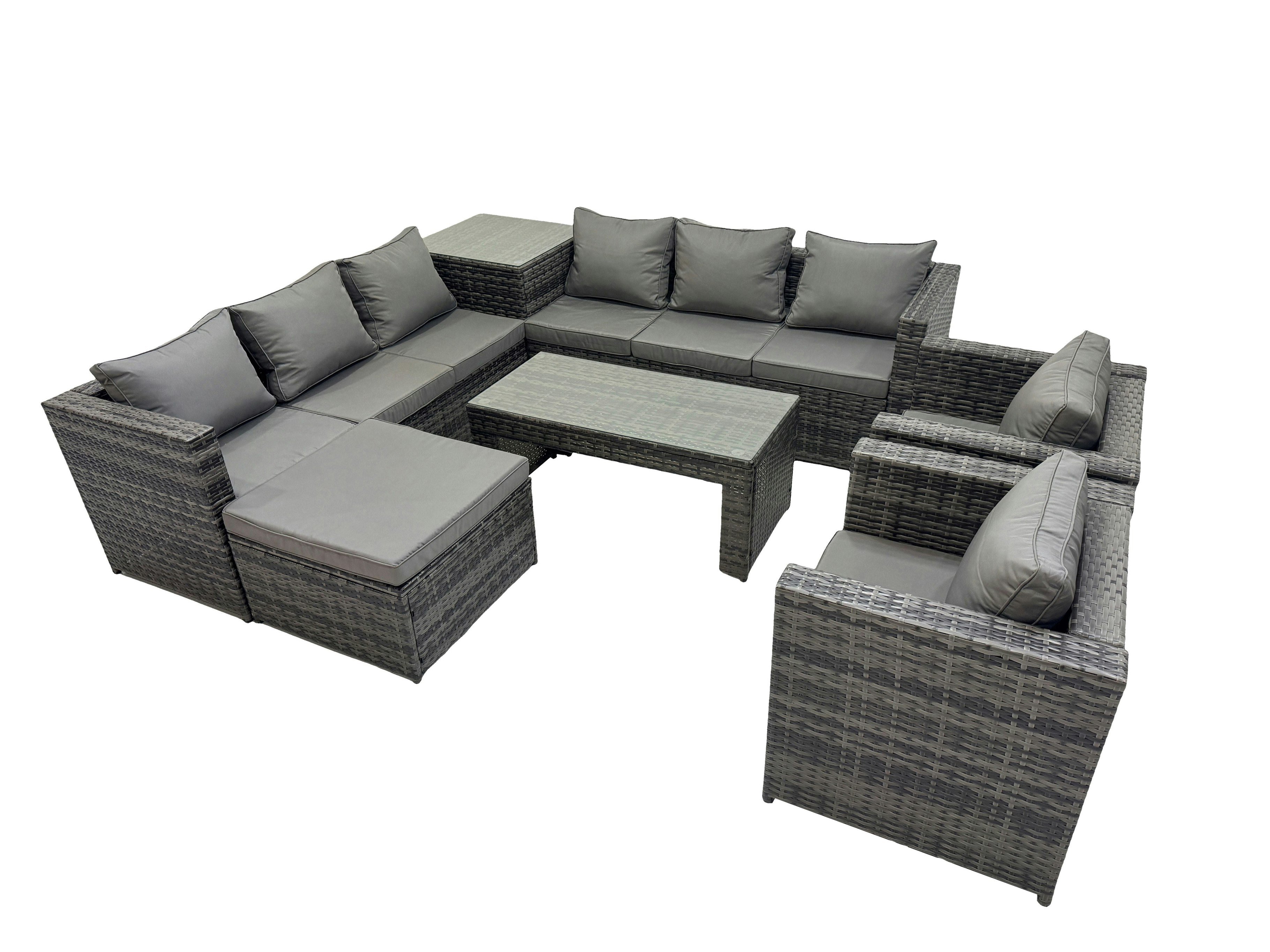 Rackhams Dark/Grey Garden Rattan Outdoor Furniture Set 9 Seater Patio Corner Sofa Oblong Coffee Table With Chair Big Stool Side Table