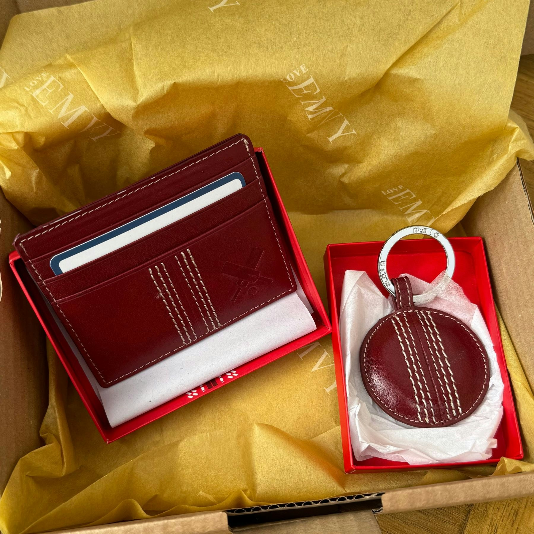 Mala Leather Red Cricket Gift Set – Rfid Card Holder & Hand-Stitched Keyring