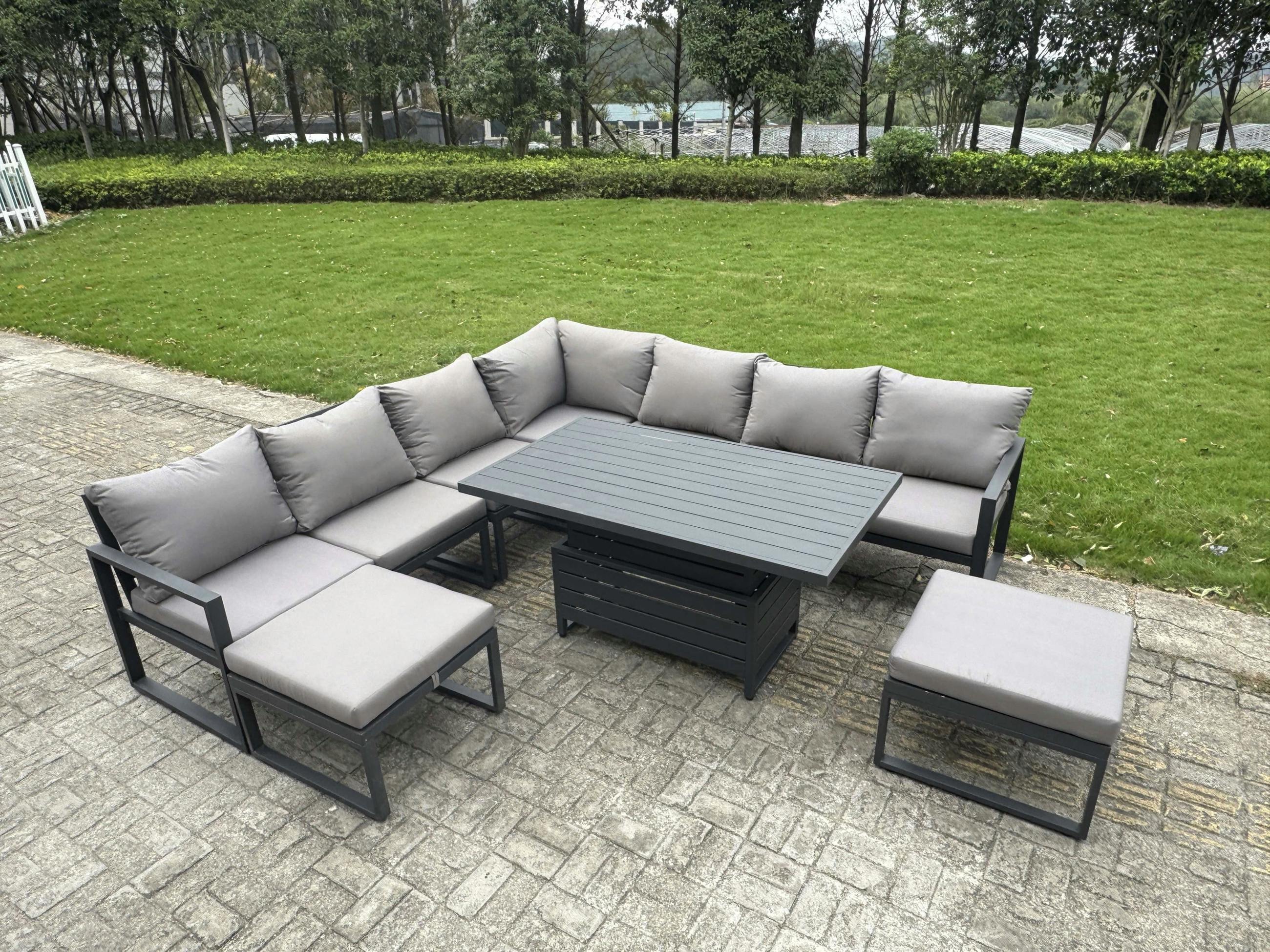 Fimous Dark/Grey 9 Seater Aluminium Outdoor Garden Furniture Set With Sofa, Rising Dining Table