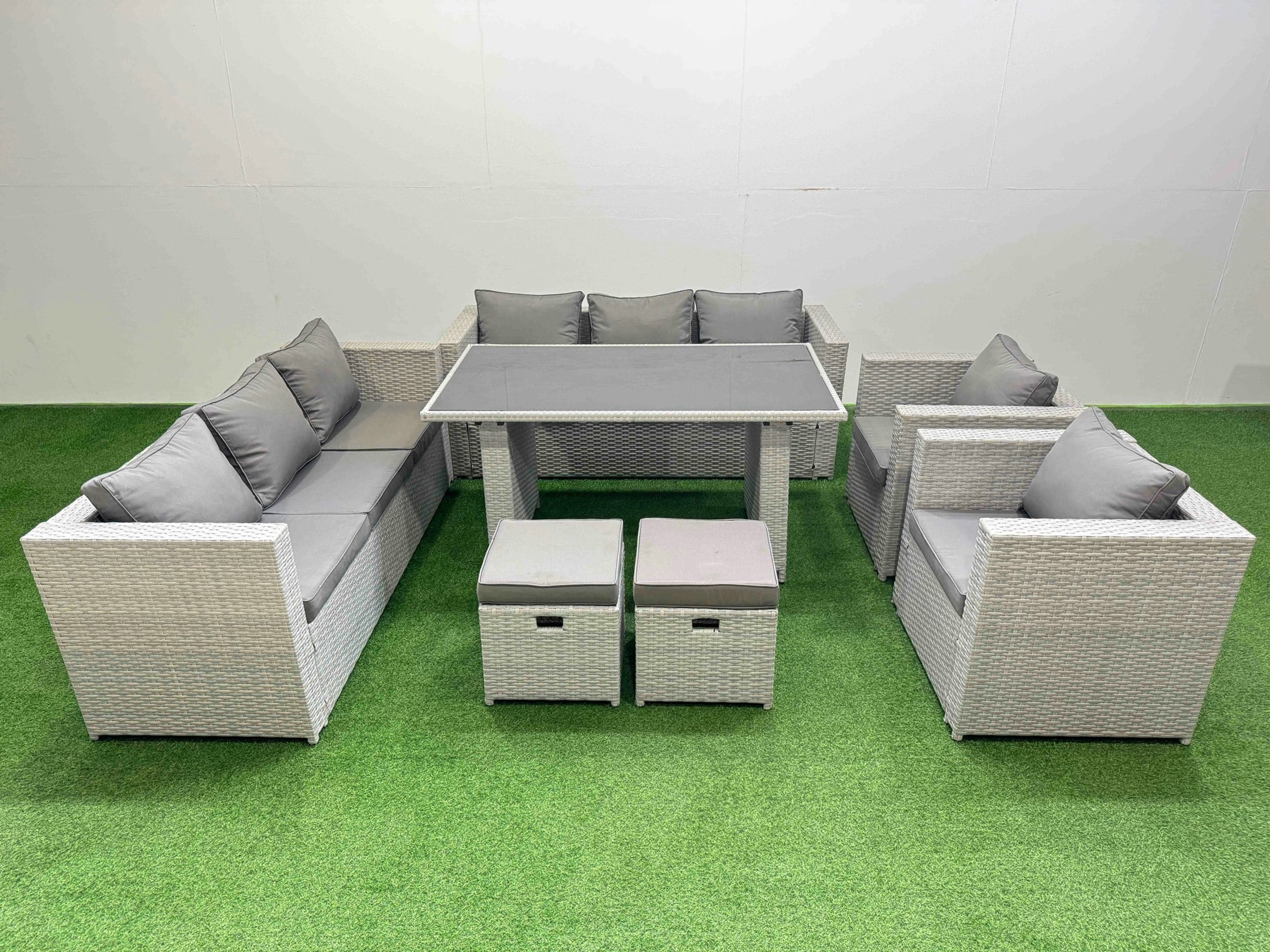 Rackhams Light/Grey 10 Seater Wicker Pe Rattan Furniture Outdoor Dining Table 3 Seater Sofa Armchair Set With 2 Small Stools