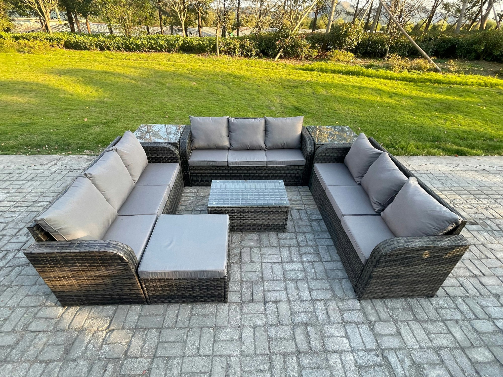 Rackhams Dark/Grey 10-Seater Rattan Outdoor Lounge Set | Rectangular Coffee Table, 3-Seater Sofa, 2 Side Tables, Large Footstool