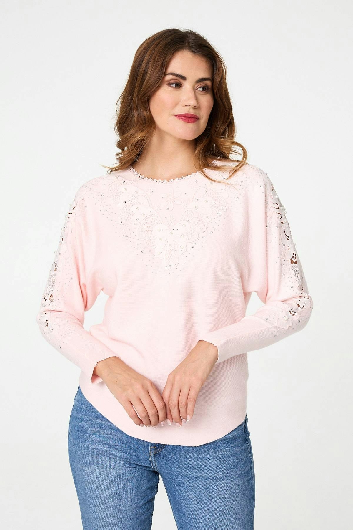 Izabel London Pink Sparkly Lace Embellished Relaxed Jumper - S