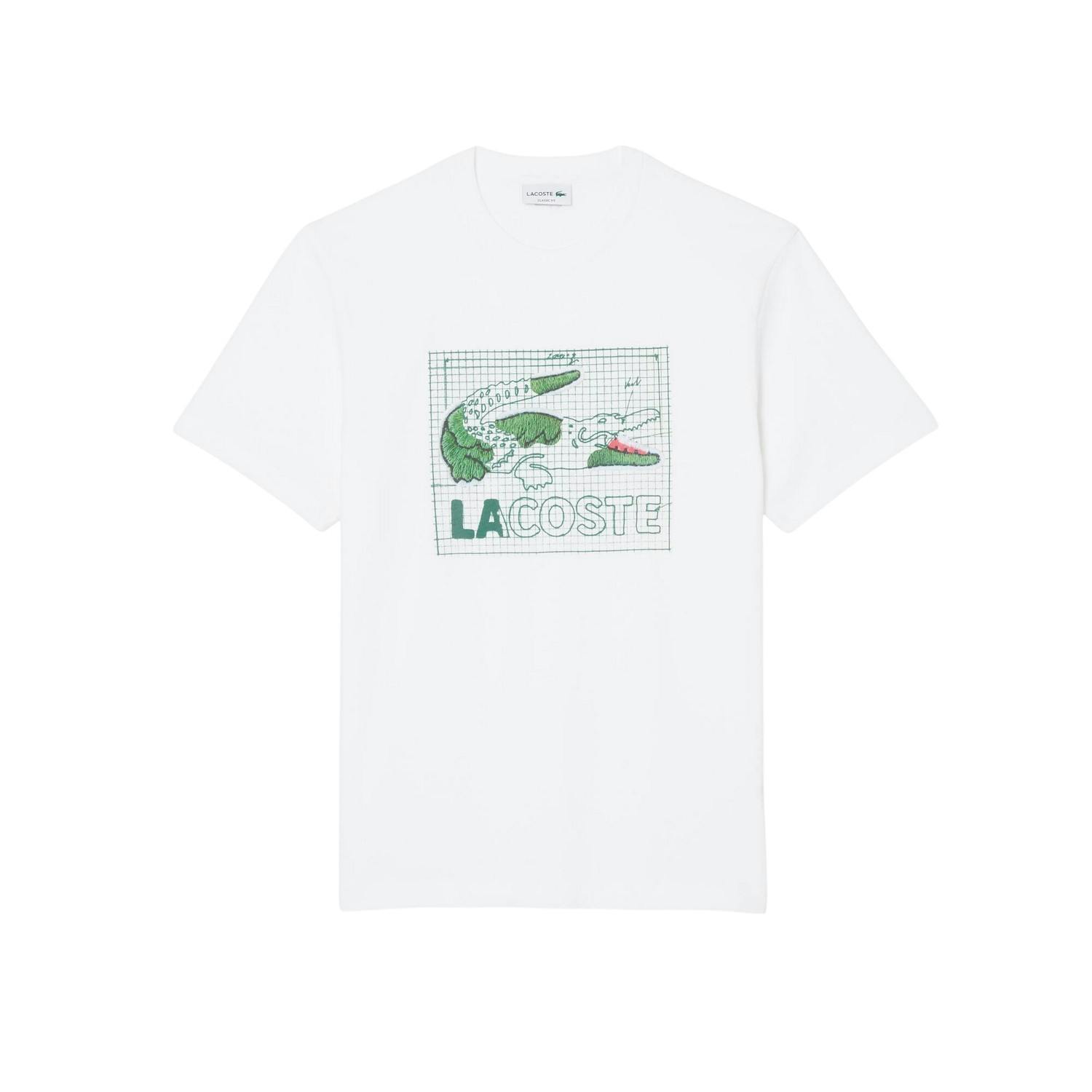 Lacoste Men's White Grid Crocodile Cotton T-Shirt - M - 100% Cotton