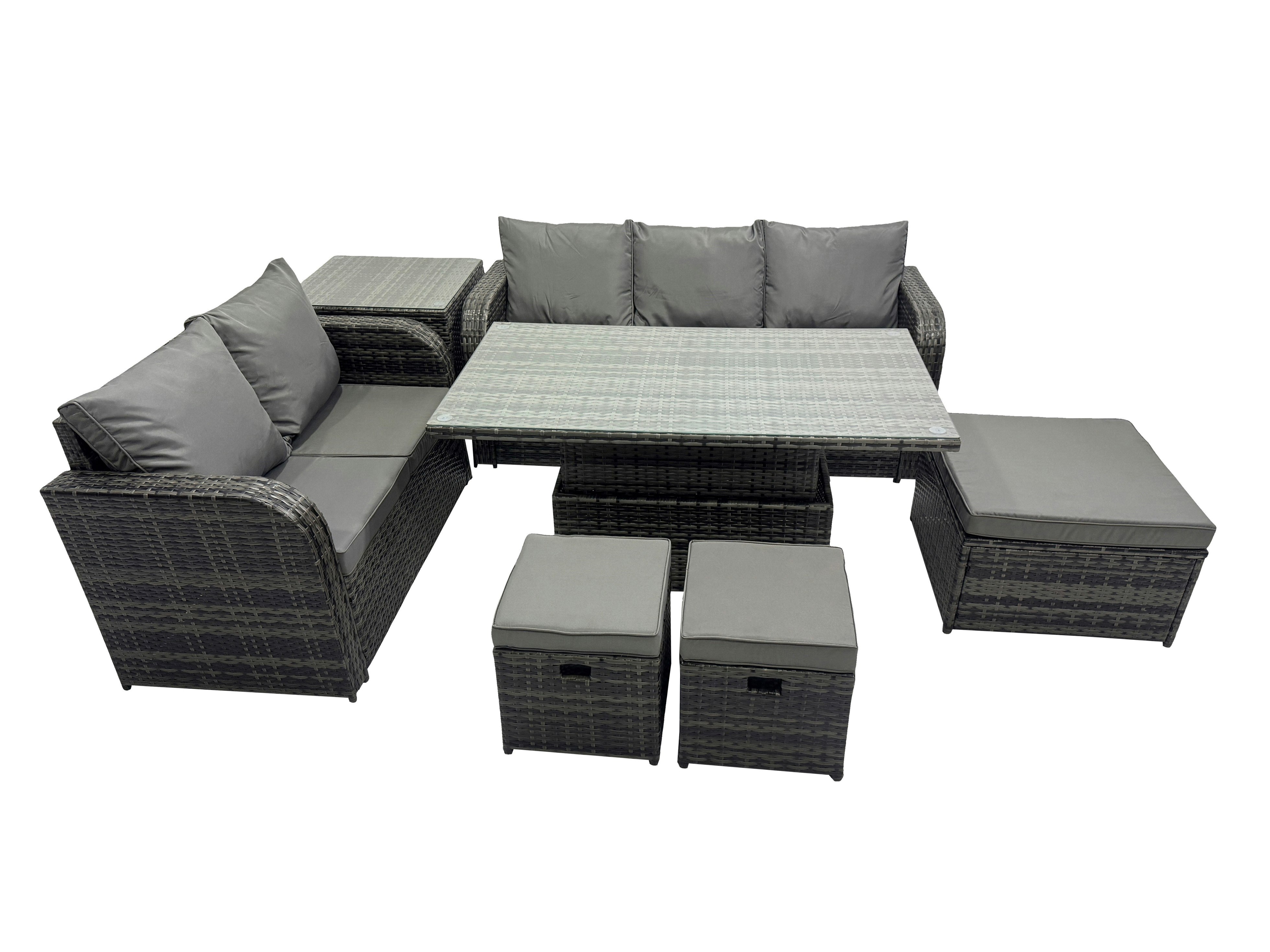 Rackhams Dark/Grey Rattan Garden Furniture Dining Set 8 Seater Patio Height Adjustable Rising Lifting Table Sofa Set With 3 Footstools Side Table Mixed