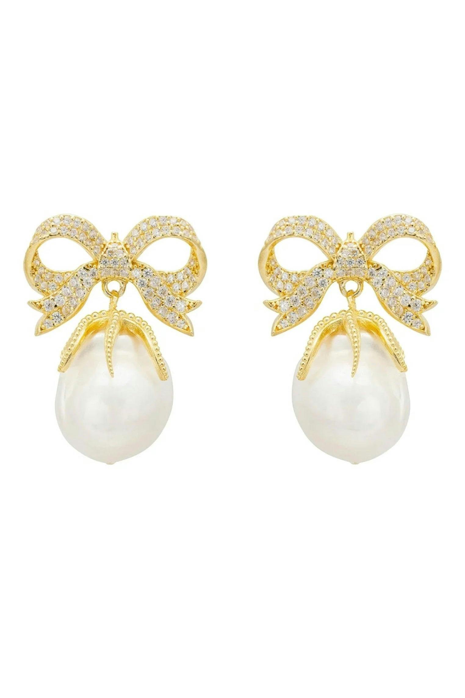 Latelita Gold Baroque Pearl Ribbon And Bows Drop Earrings