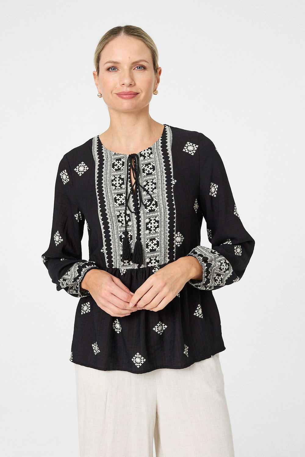 Izabel London Black Border Print Long Sleeve Tassel Blouse - 10