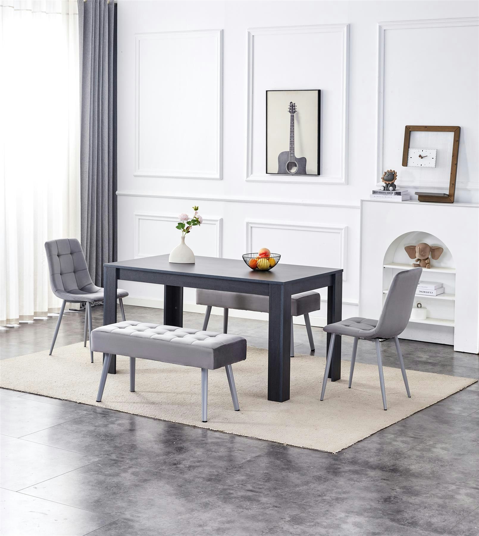 B&Q - Modern Dark Grey Dining Table Set With 2 Grey Velvet Chairs And 2 Grey Benches - Image 5