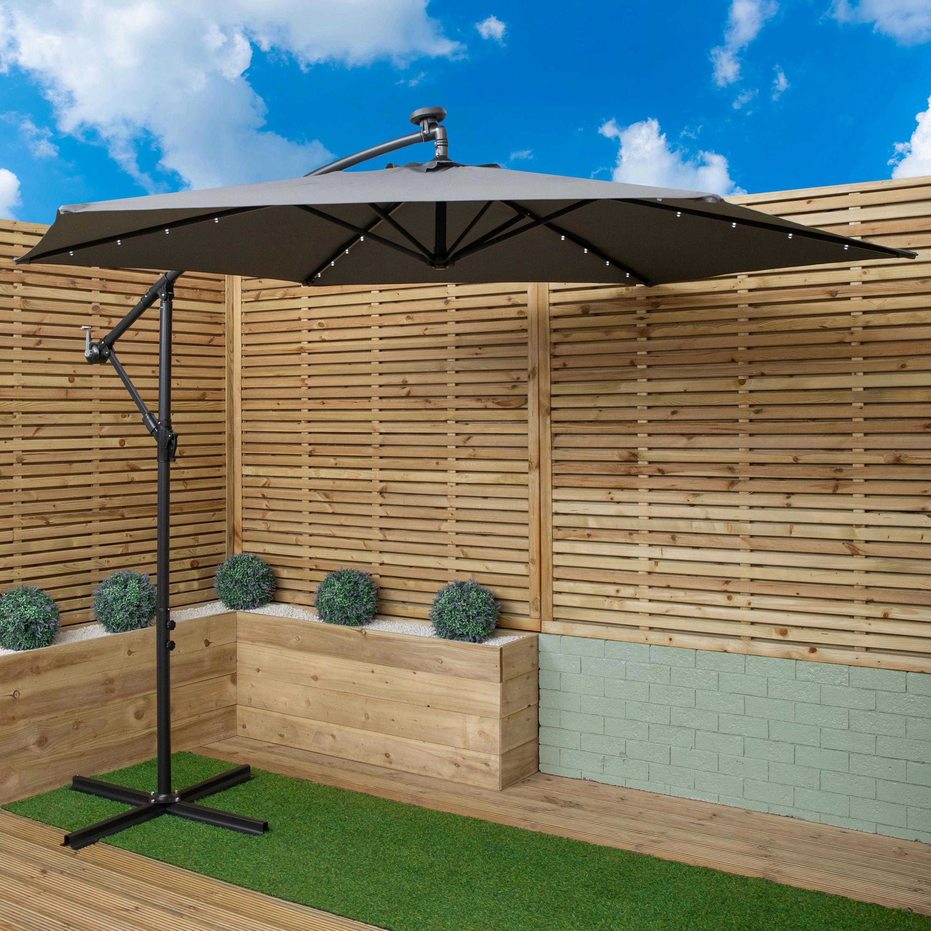 Rackhams White/Grey 3M Solar Powered Cantilever Lit Banana Garden Parasol With Crank Handle & Led Lights In