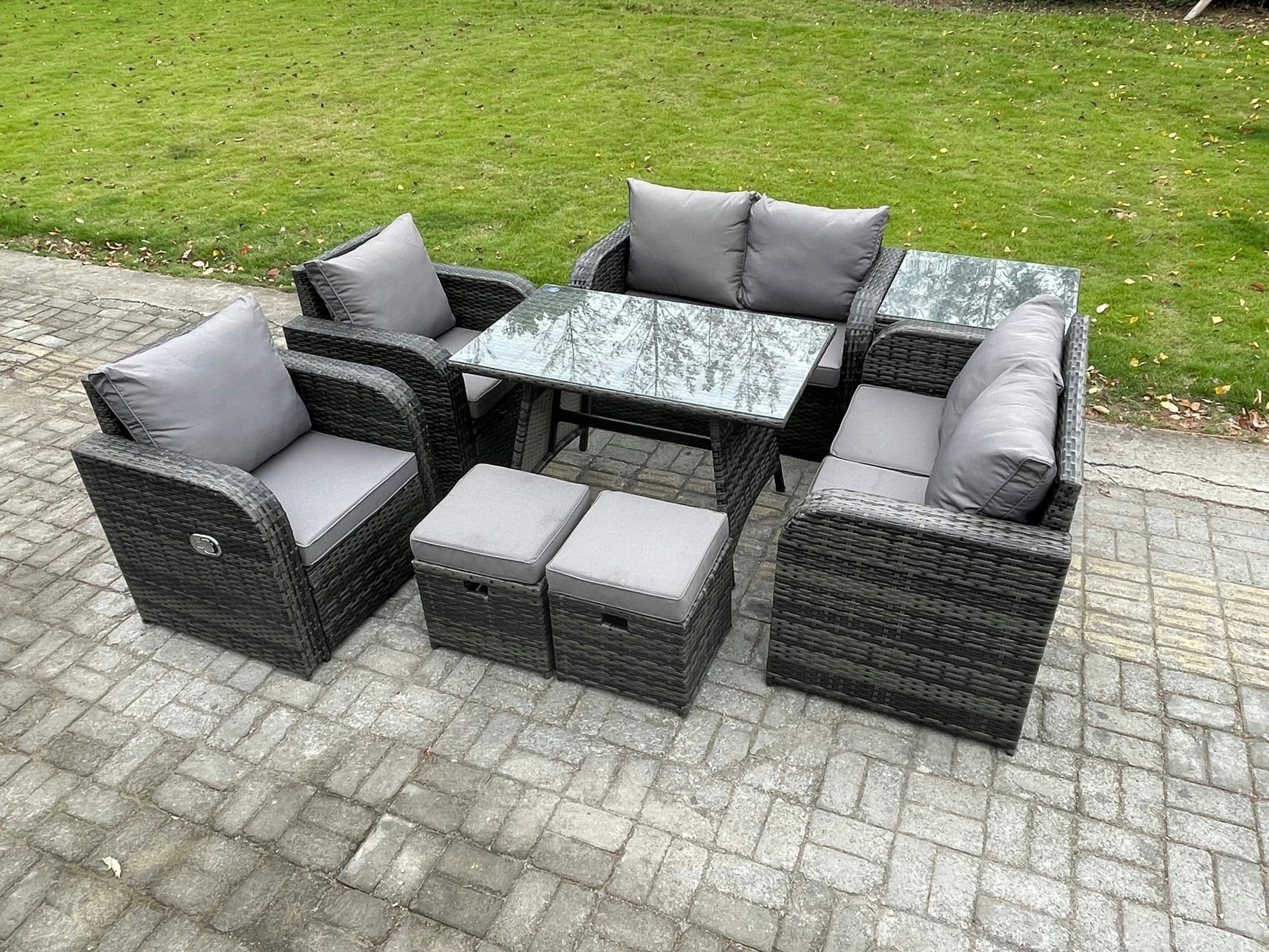 Rackhams Dark/Grey Wicker Pe Rattan Garden Dining Set Outdoor Furniture Sofa With Rectangular Dining Table Side Table 2 Small Footstools Mixed