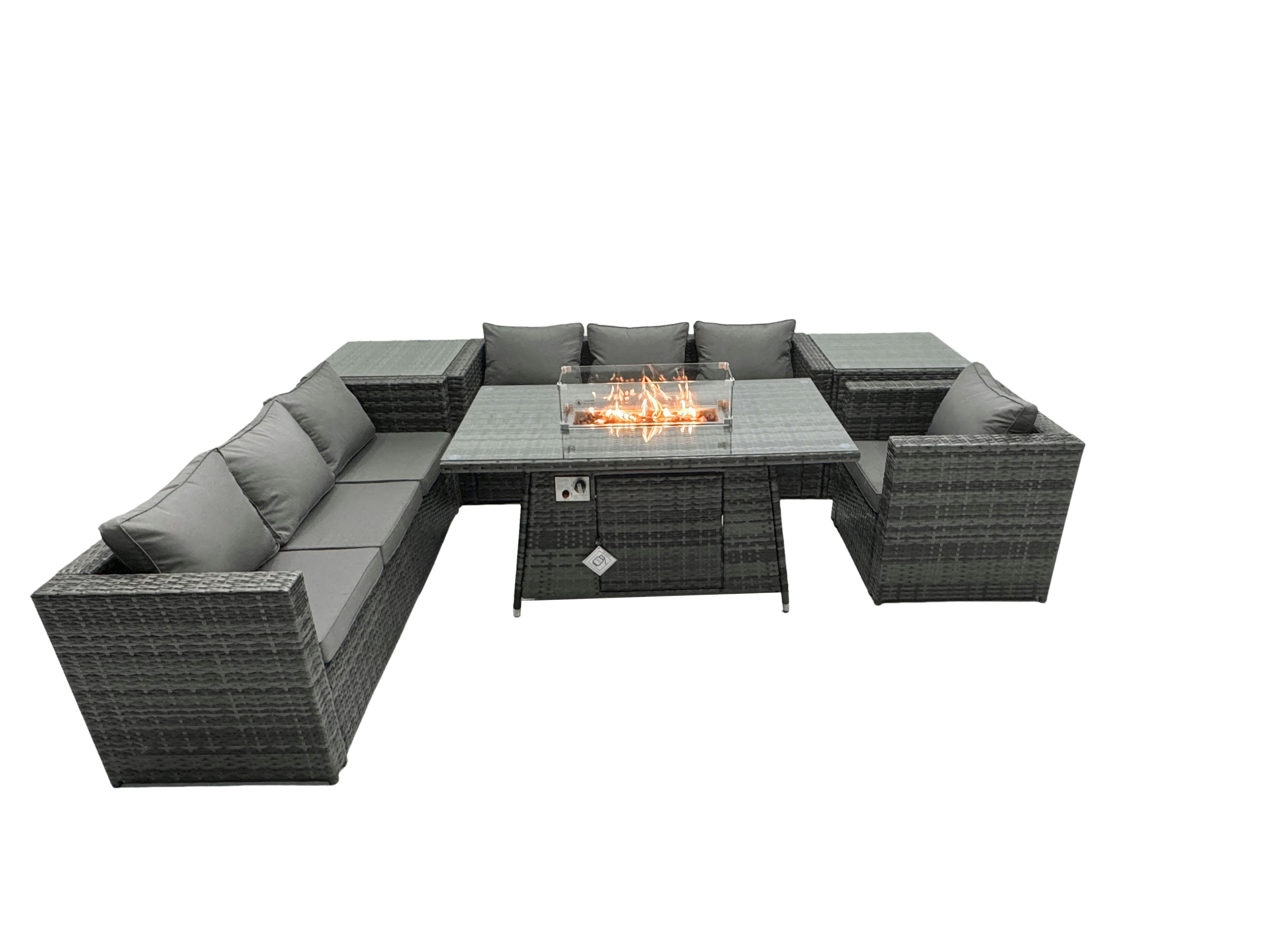 Fimous Dark/Grey Rattan Garden Furniture Fire Pit Dining Set 7 Seater Lounge Sofa Table Set With 2 Side Table