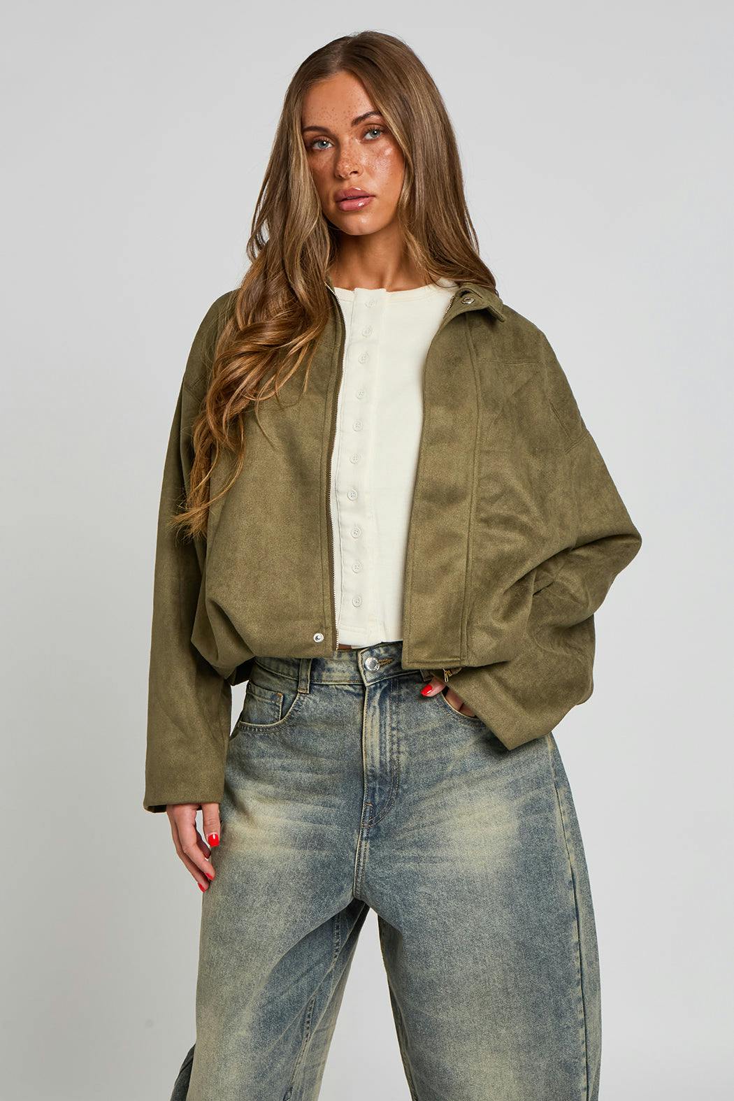 Urban Bliss Faux-Suede Khaki Collared Bubble Hem Jacket - 16