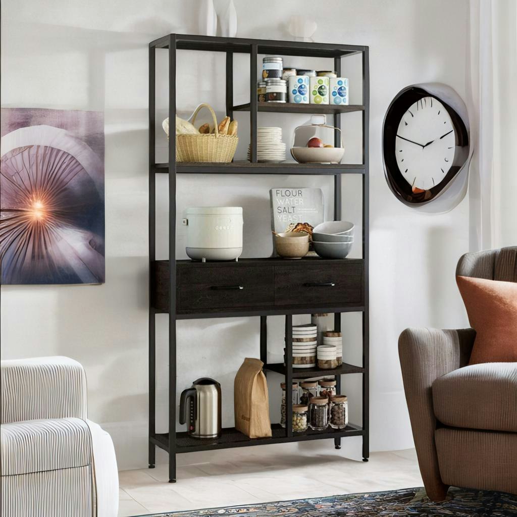 Rafaelo Mobilia Black Industrial Bookcase Storage Cabinet Open Shelving Unit
