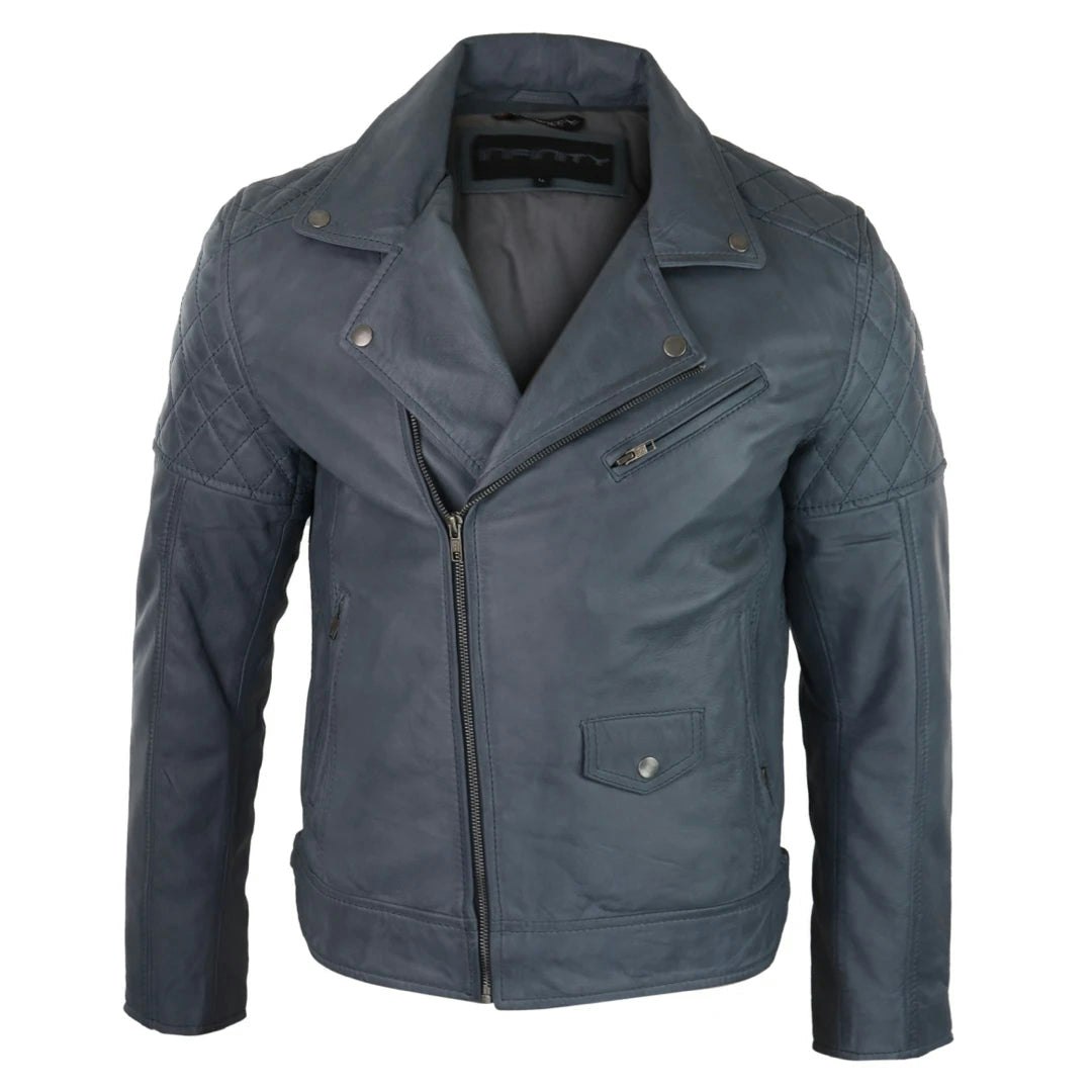 Aviatrix Men's Brown/Black/Blue Washed Leather Biker Jacket Cross Zip - Small
