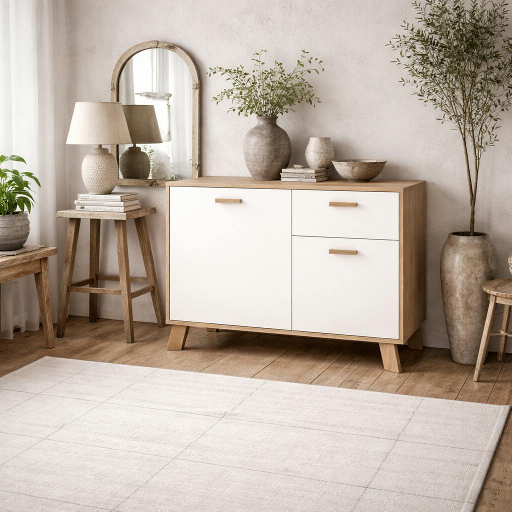 Wyld Haus White Hobro And Natural Oak Wood Sideboard 2 Doors 1 Drawer