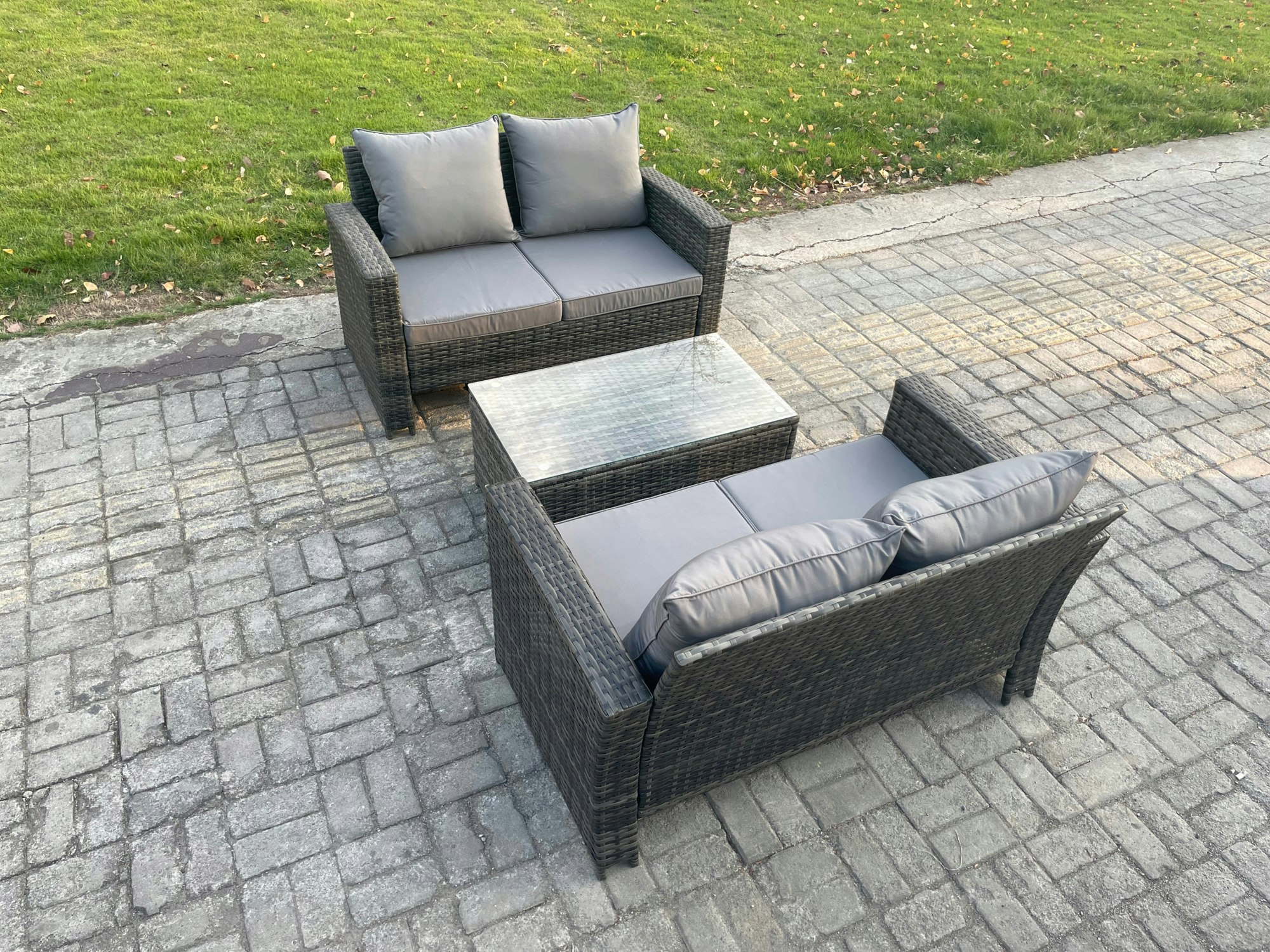Rackhams Wicker Rattan Garden Furniture Sofa Set with Rectangular Coffee Table Double Seat Sofa 4 Seater Outdoor Rattan Set Dark Grey Mixed