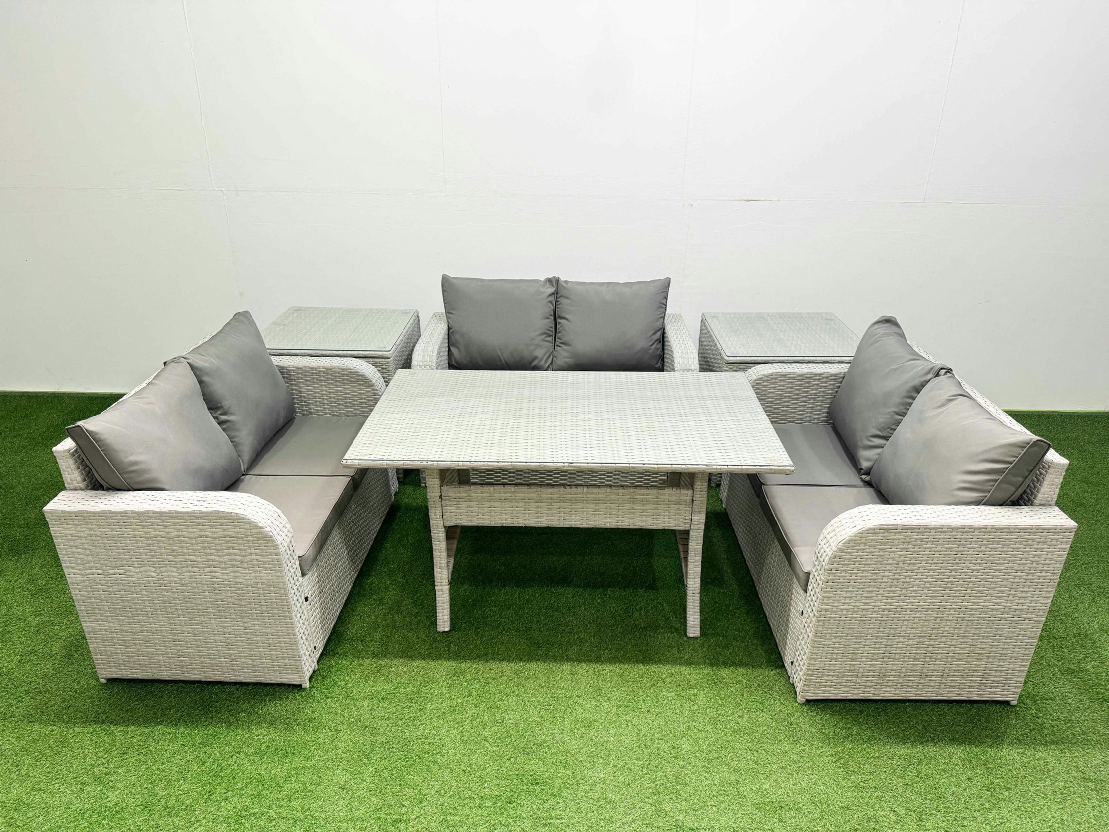 Rackhams Light/Grey 6 Seater Pe Wicker Rattan Furniture Sofa Sets With Rectangular Dining Table 2 Seater Love Sofa 2 Side Table