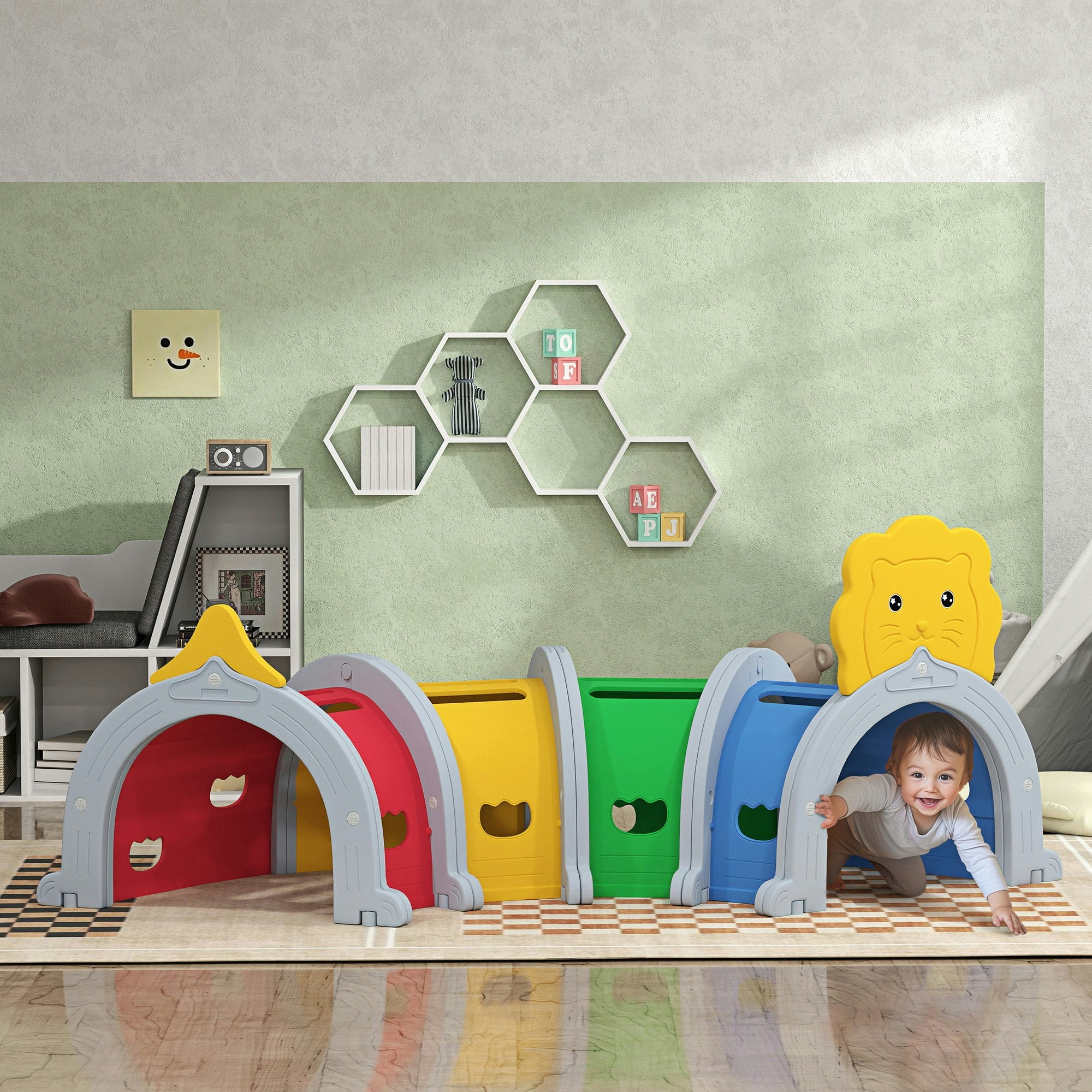 Aiyaplay Kids Play Tunnel For 3-6 Years Crawl And Climb, Lion Design - 194L X 88W X 86Hcm - Kids Play Tunnel - Multicoloured