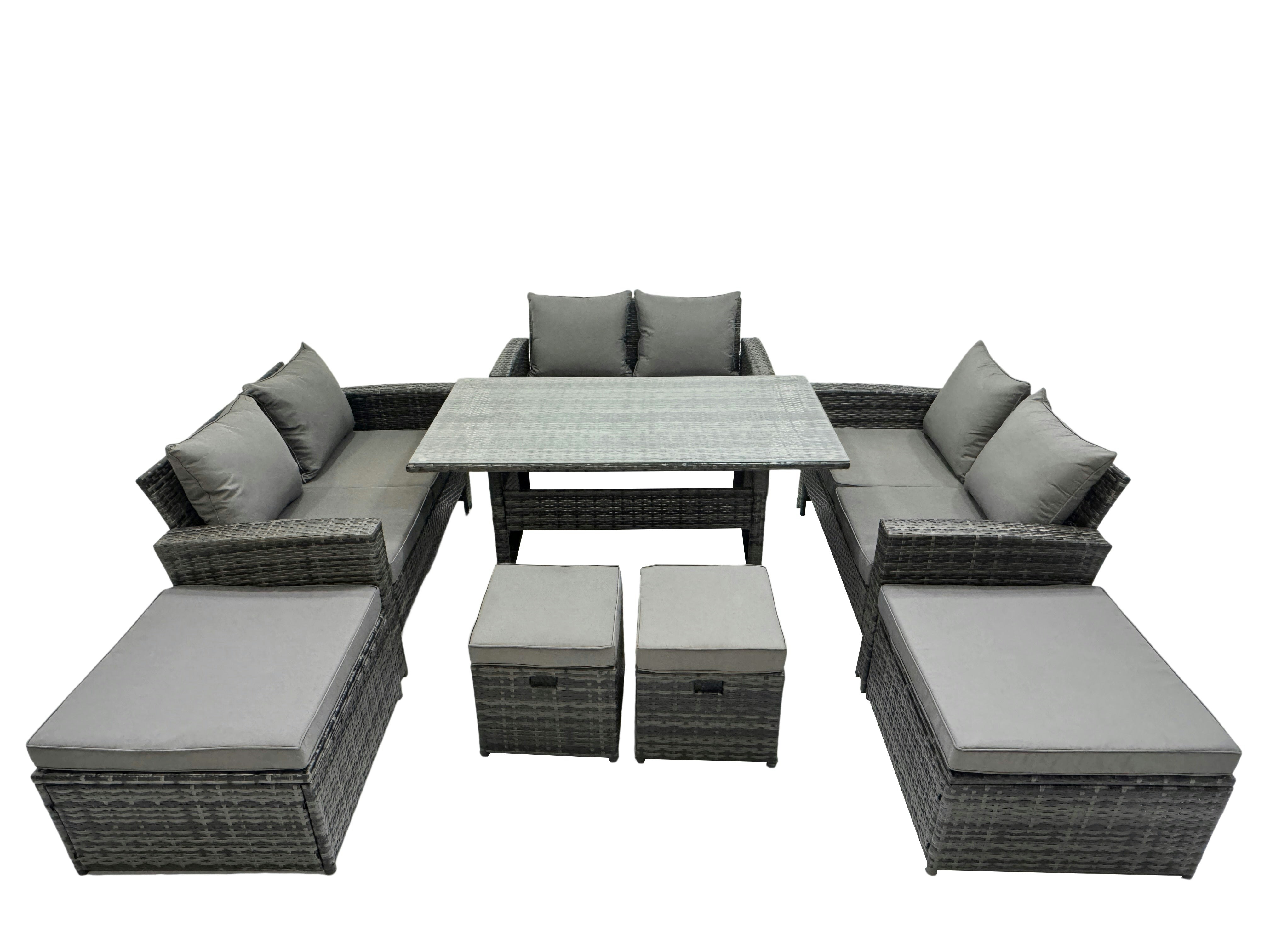 Rackhams Dark/Grey 10 Seater Wicker Pe Rattan Furniture Outdoor Dining Table Double Seat Sofa 4 Stools Set Mixed