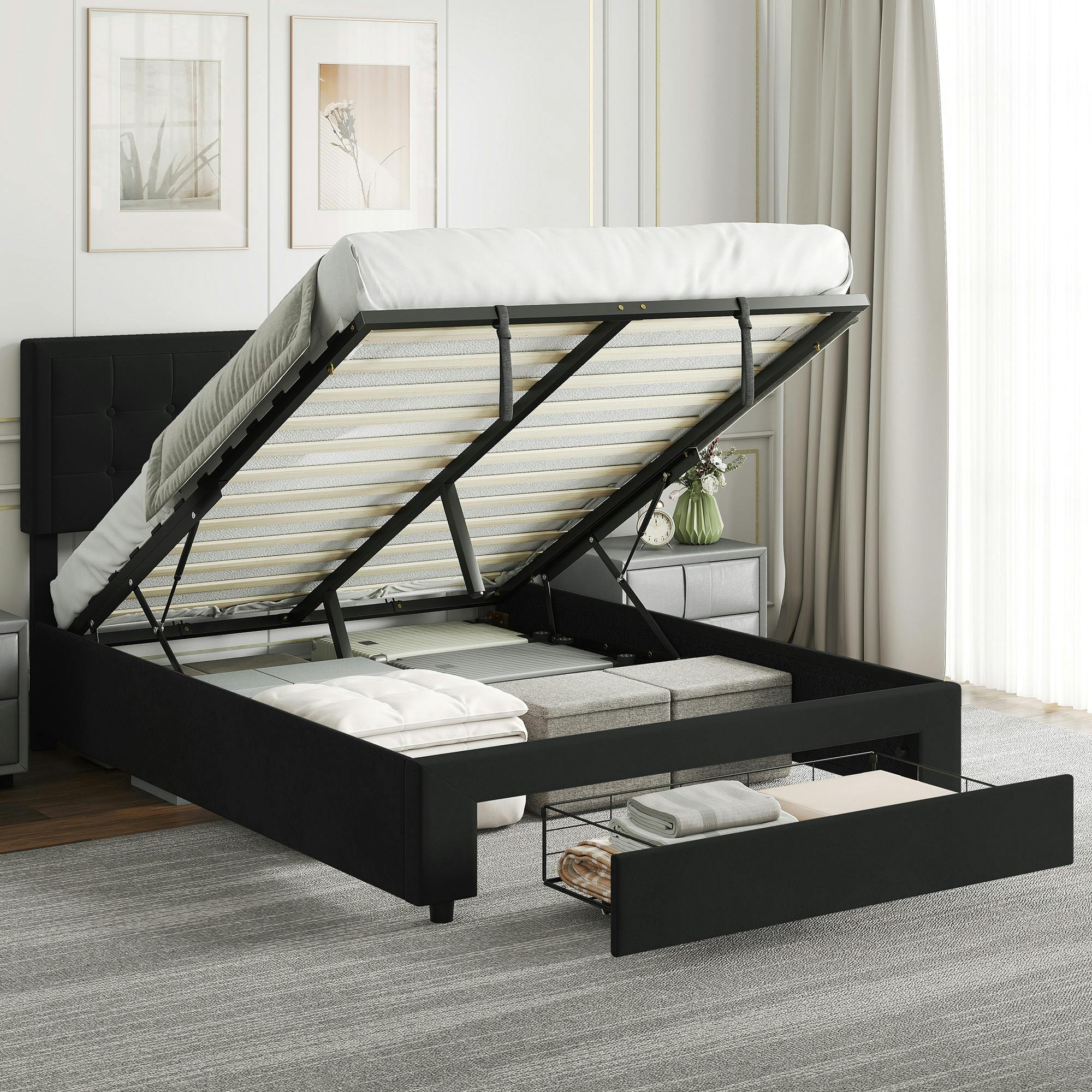 Homcom Black Double Bed Frame With Storage And Adjustable Velvet Headboard, - 193.5 - Yes